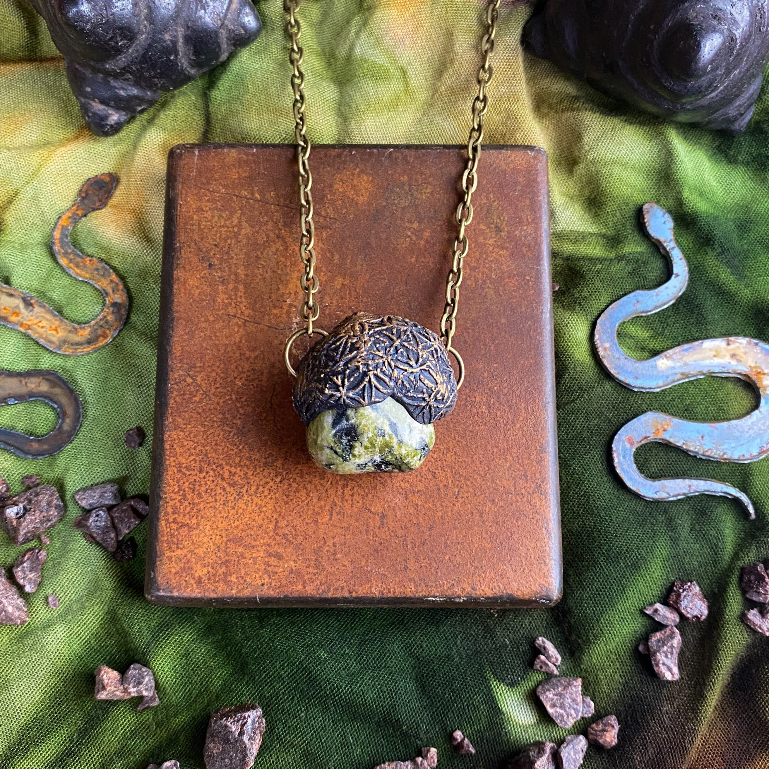 Serpentine Talisman Necklace with a Flower of Life Clay Pattern