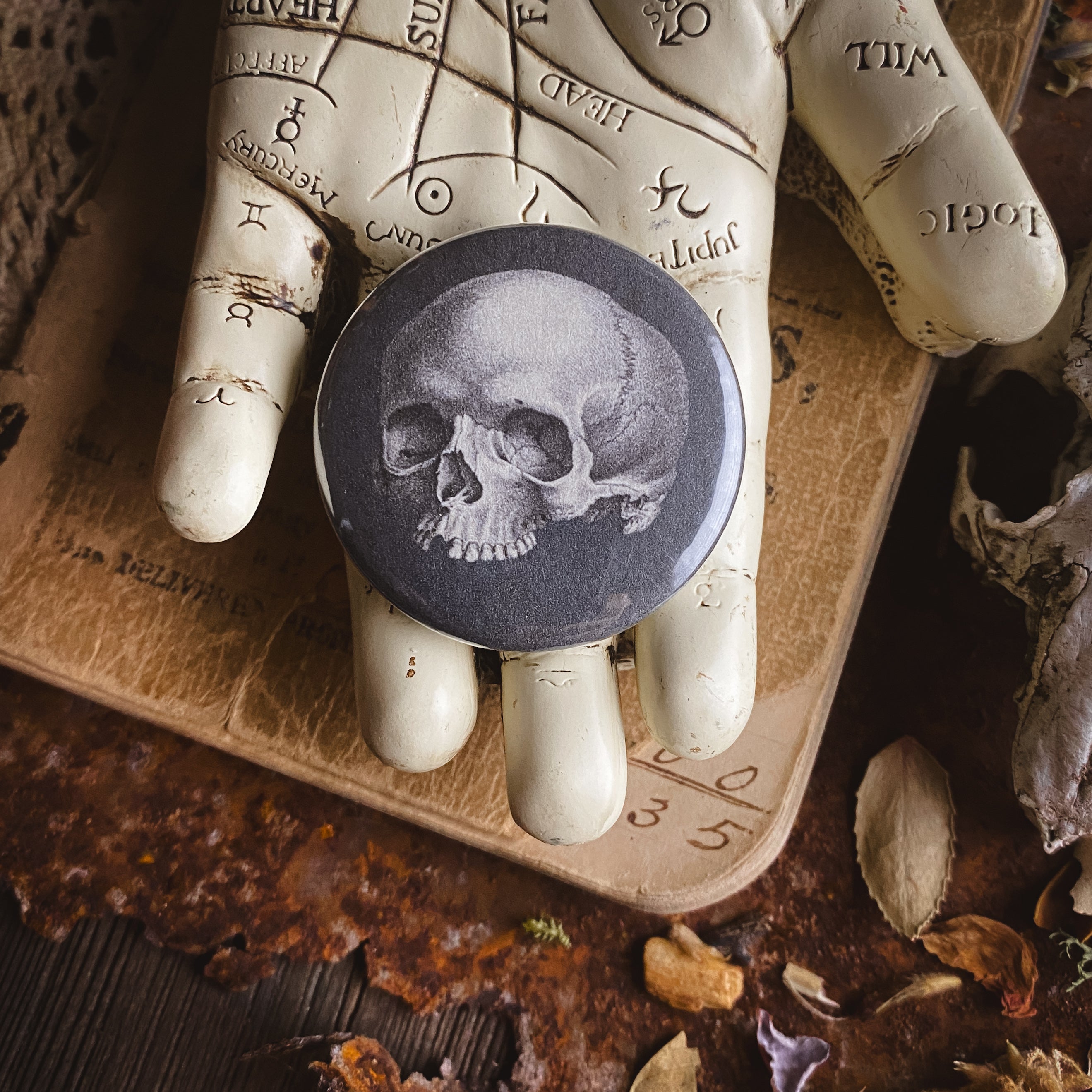 Skull - Hand Pressed Button/Pin - 1.5"