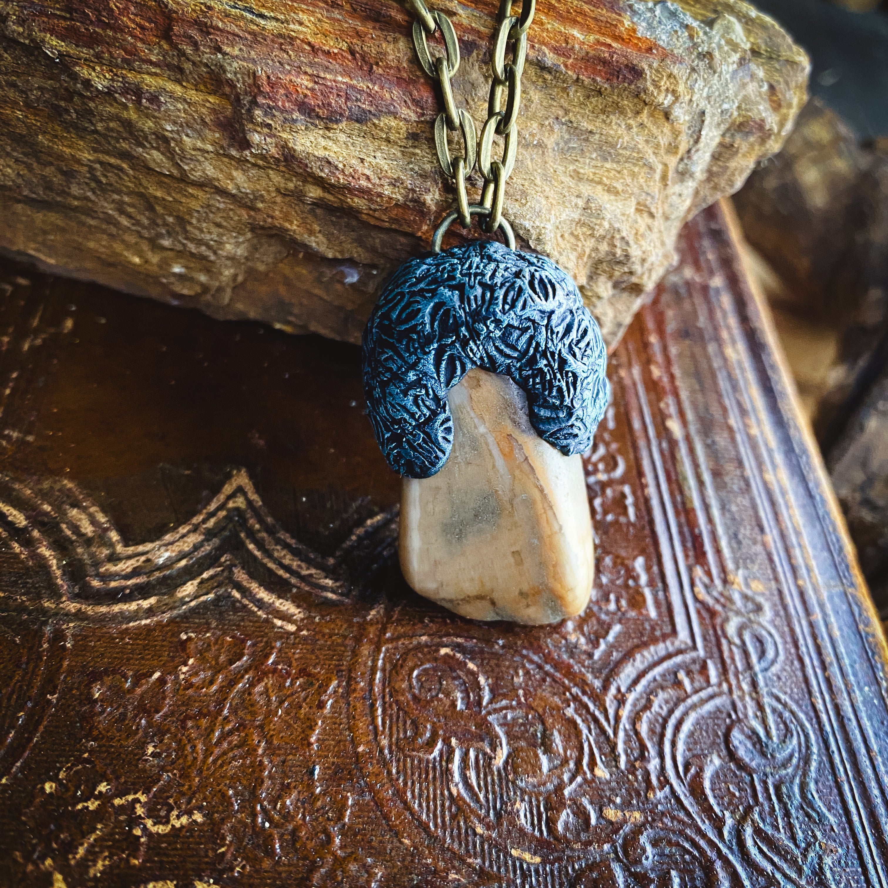 Handcrafted Clay Talisman Necklace with Petrified Wood