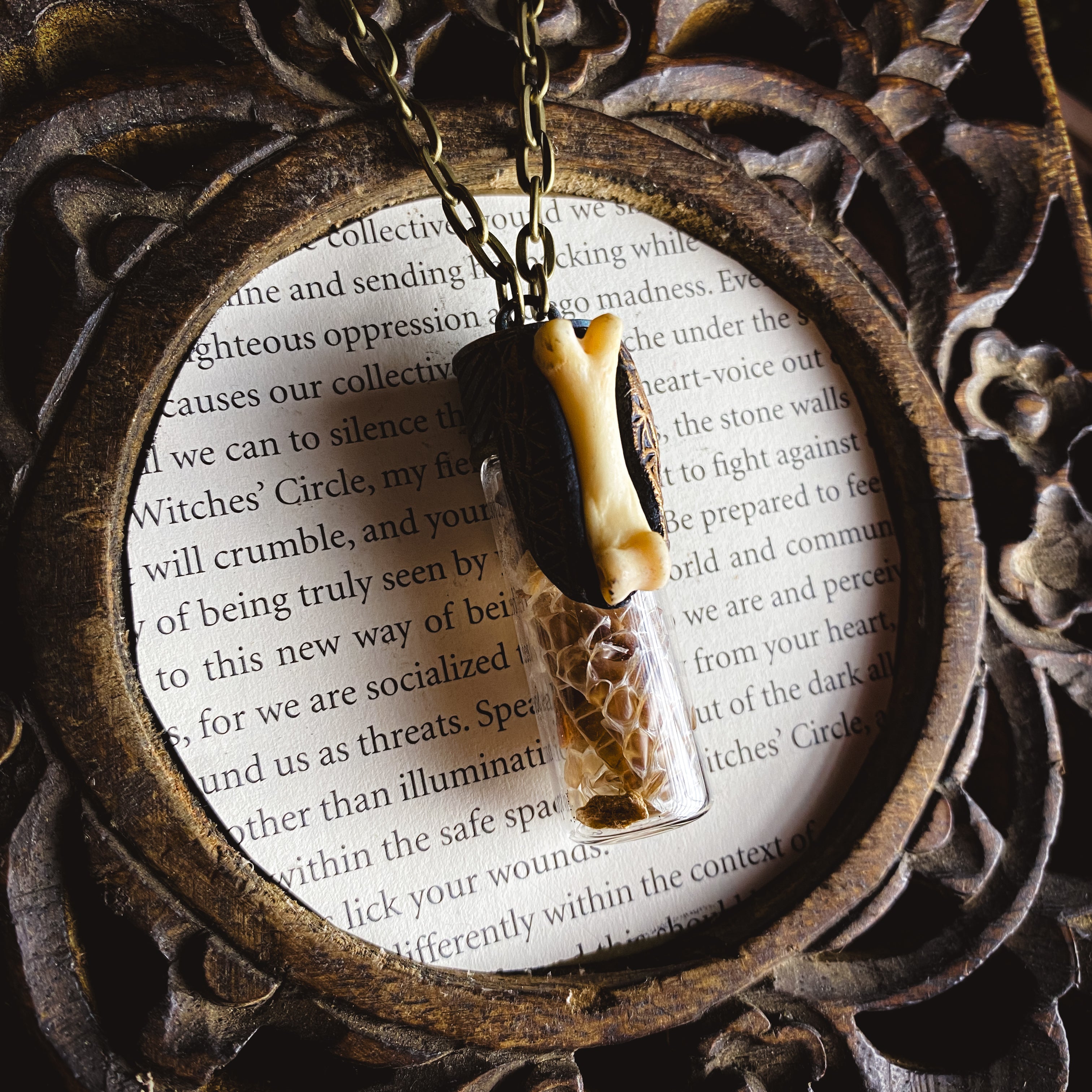 Conjure Necklace with Snake Skin, Orris Root, Bone and the Flower of Life Pattern