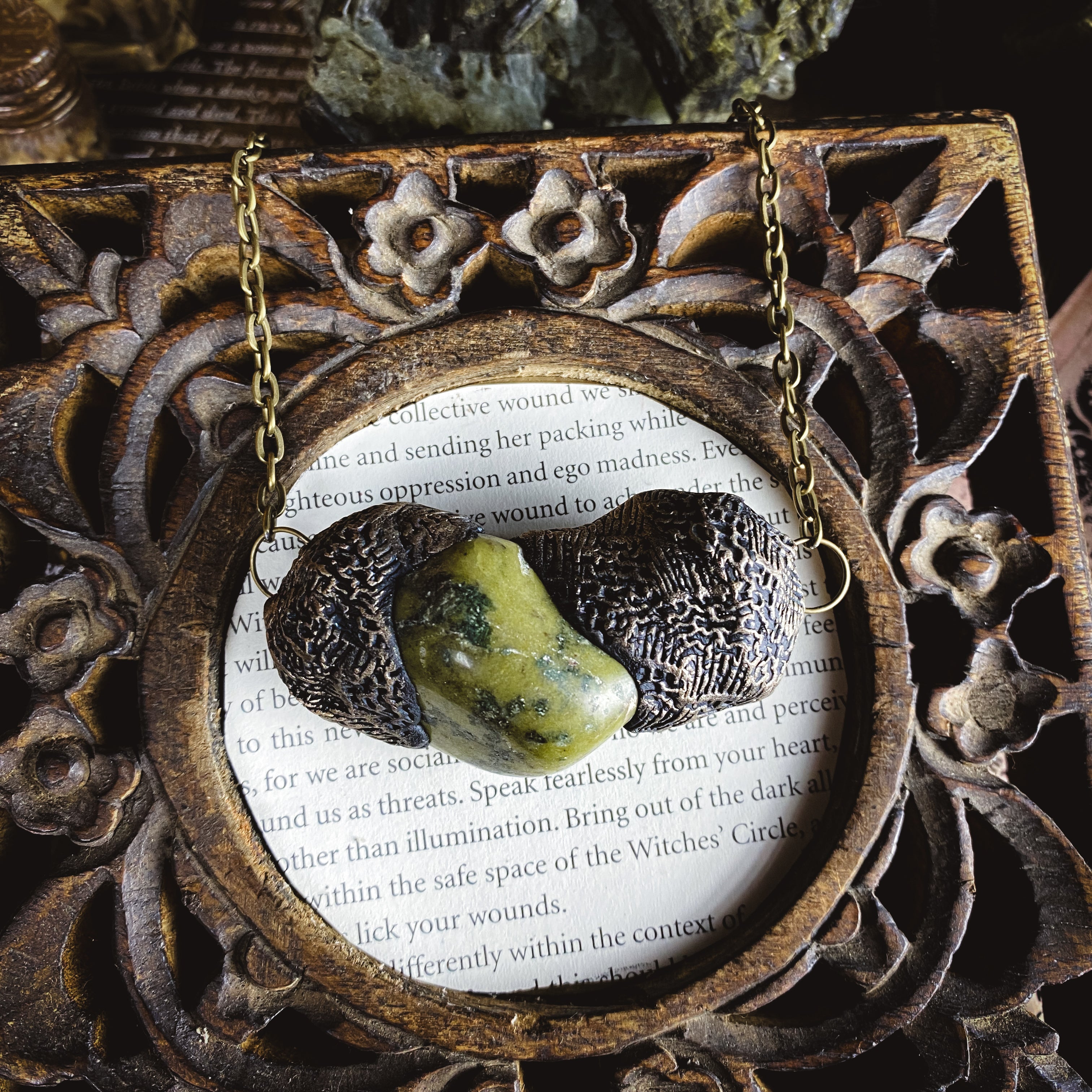 Serpentine + Clay Talisman Necklace with an Organic Pattern