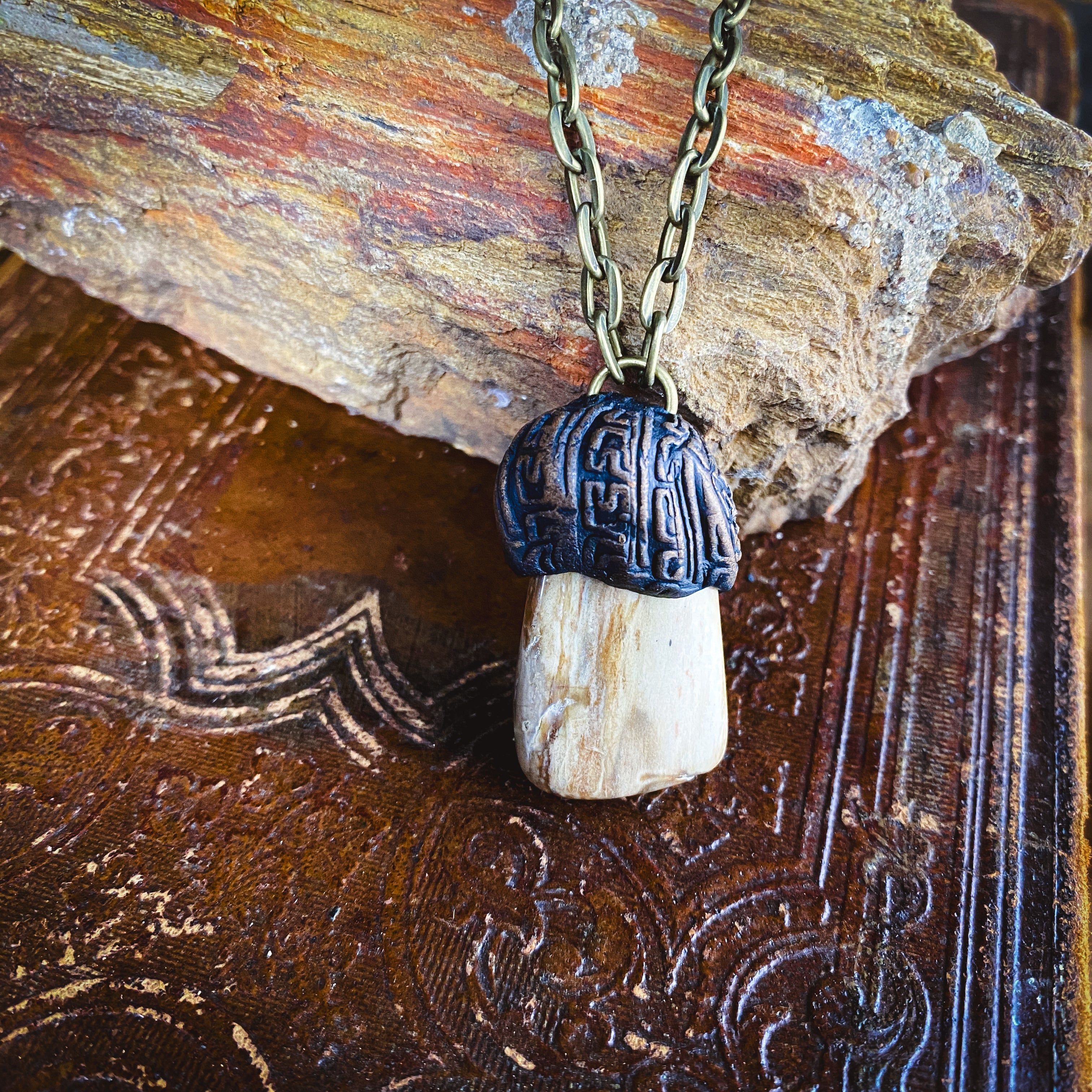 Handcrafted Clay Talisman Necklace with Petrified Wood