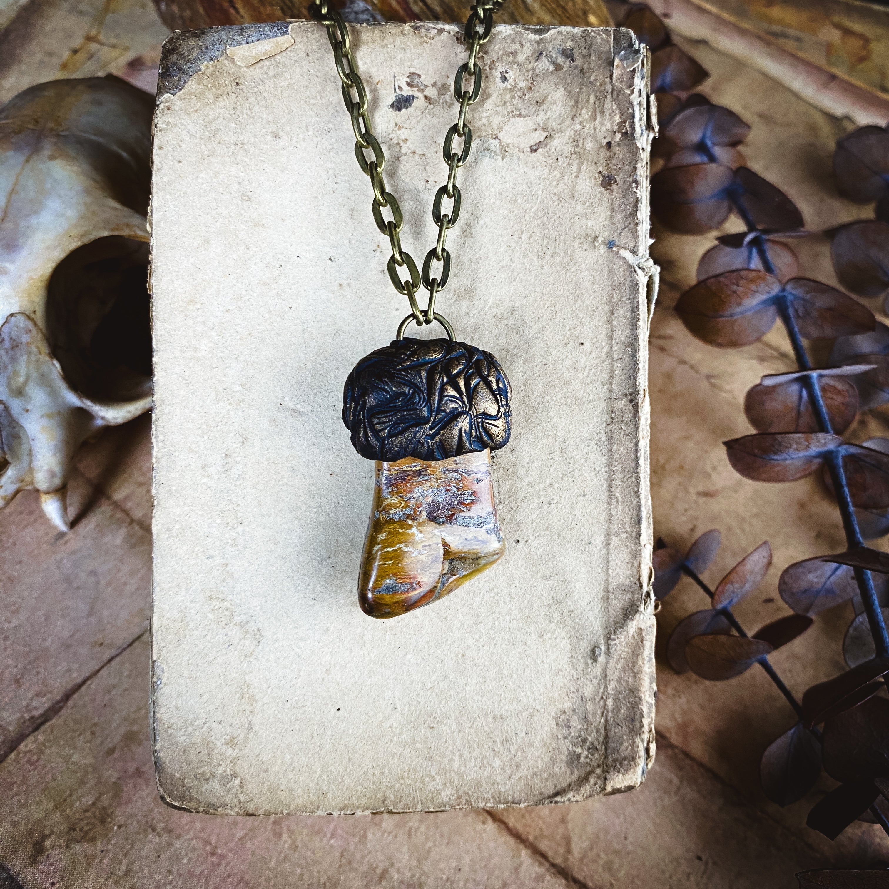 Handcrafted Clay Talisman Necklace with Petrified Wood