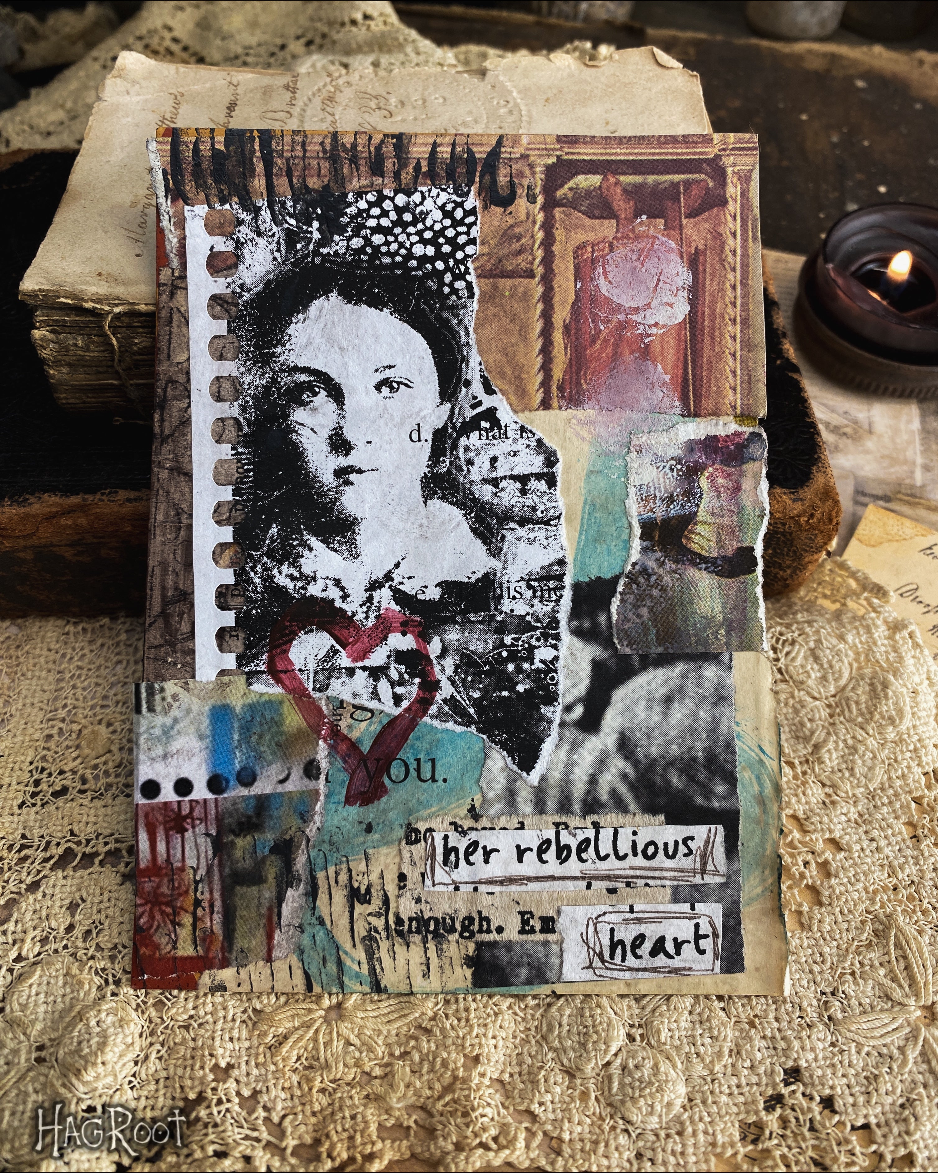Her Rebellious Heart - Original Mixed Media Collage - Altar Card