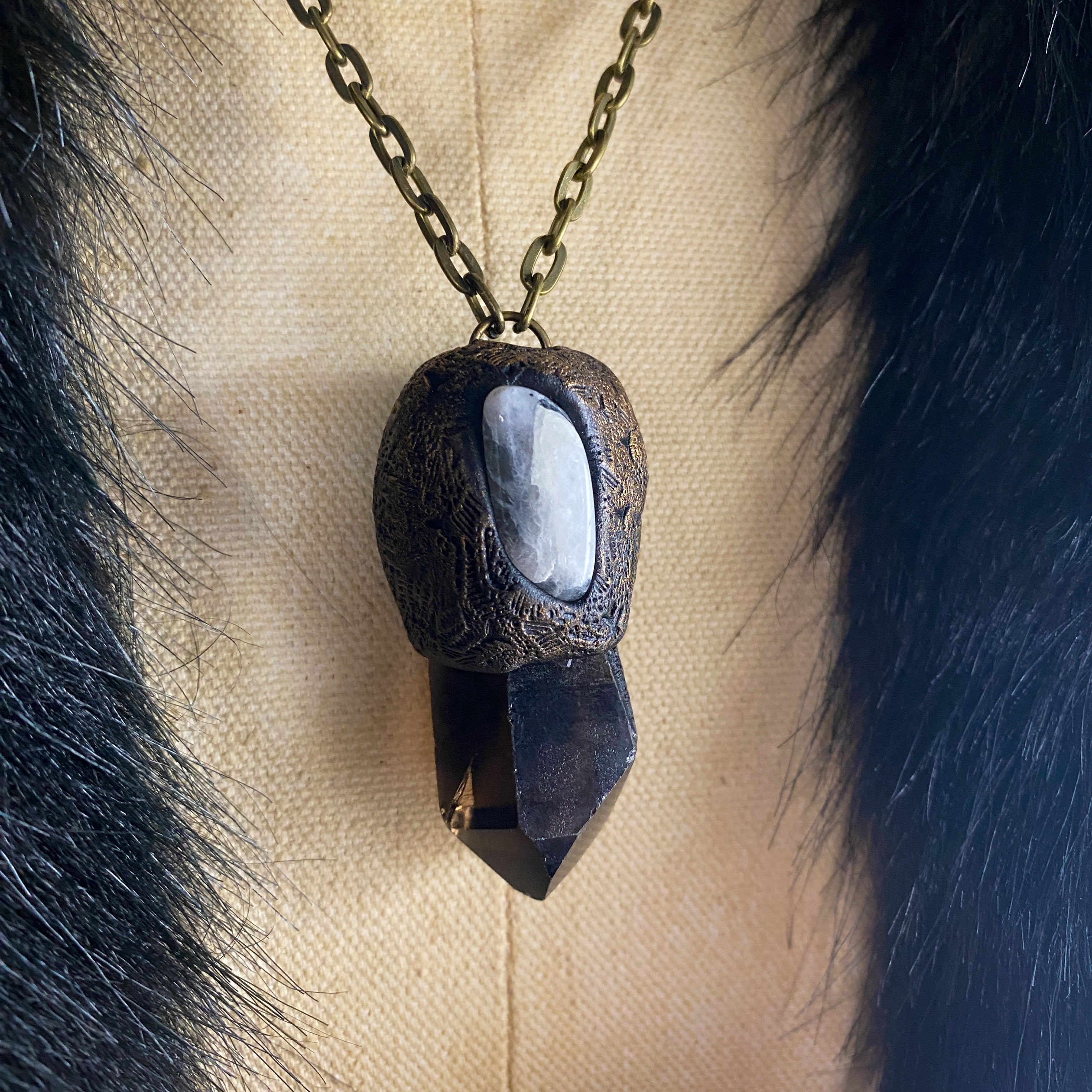 Handcrafted Clay Talisman Necklace with Smoky Quartz + Rainbow Moonstone