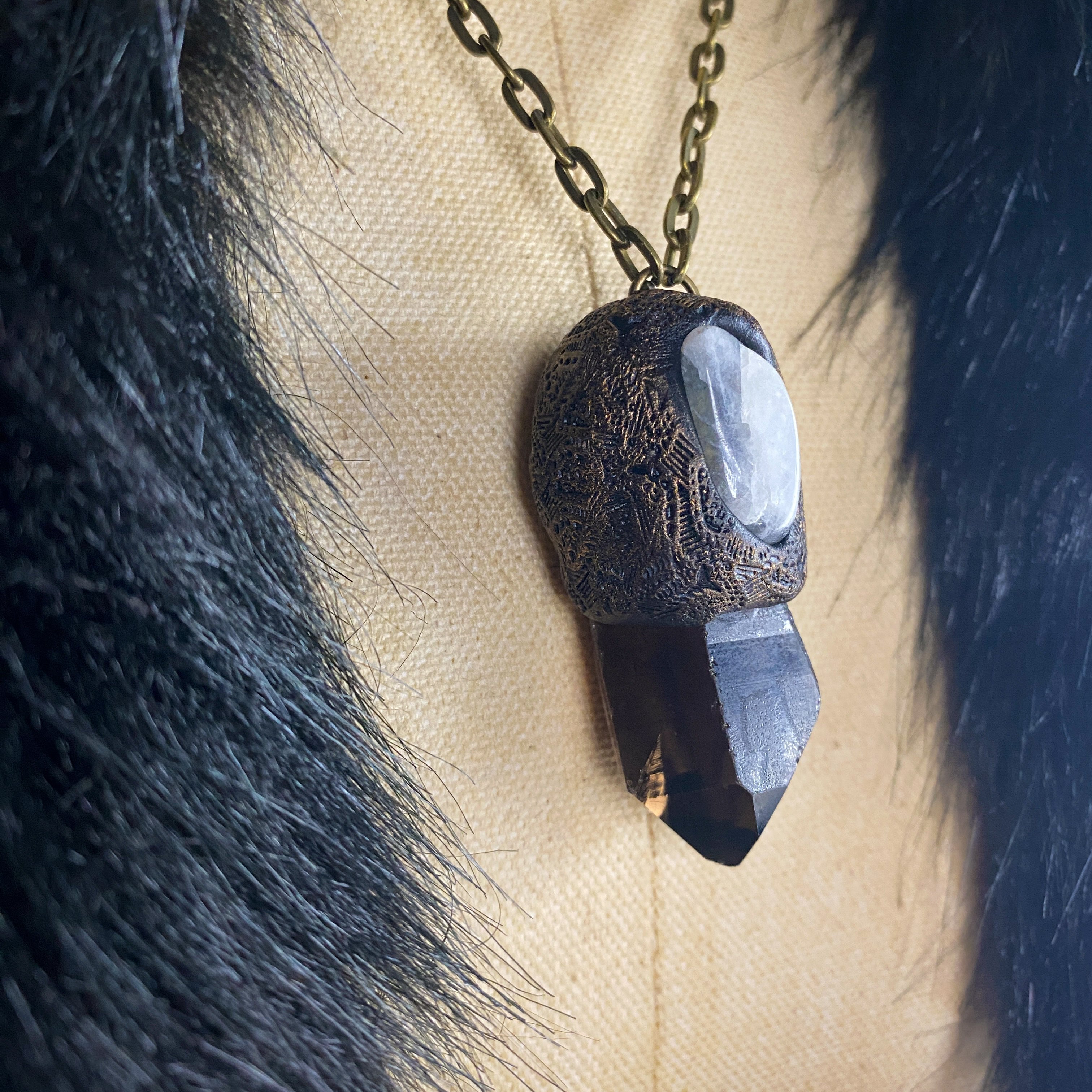 Handcrafted Clay Talisman Necklace with Smoky Quartz + Rainbow Moonstone