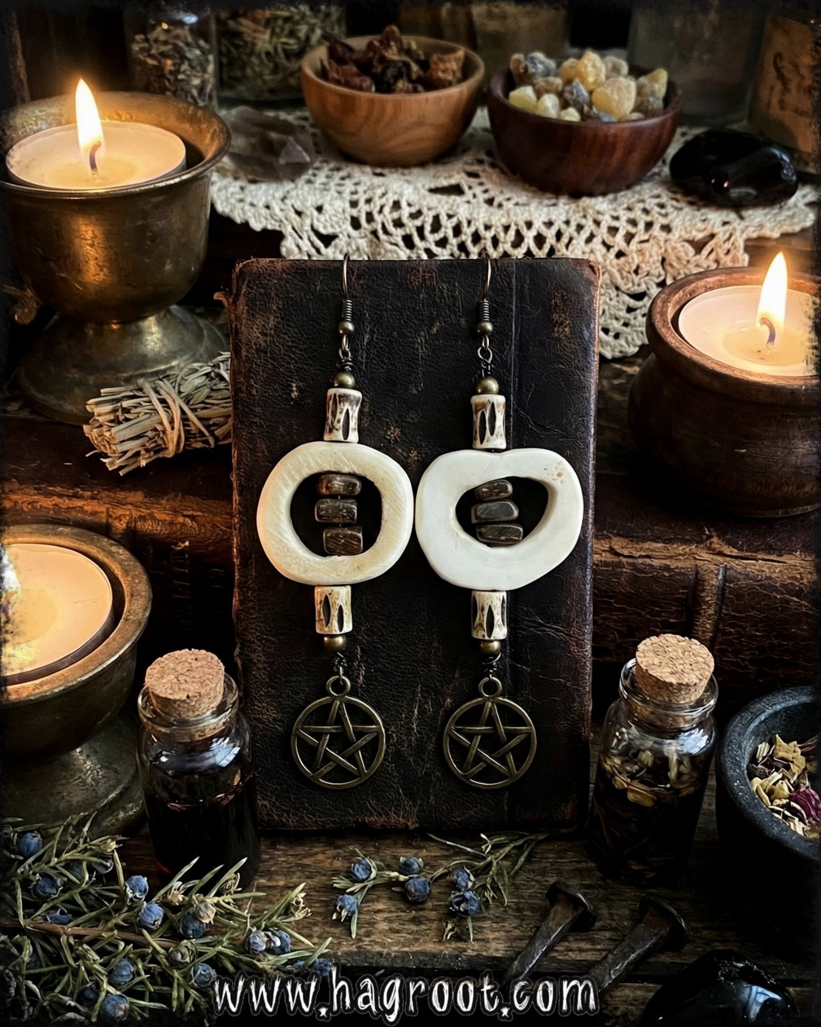 Bone Witch Earrings - Handcrafted with Carved Bone + Wood