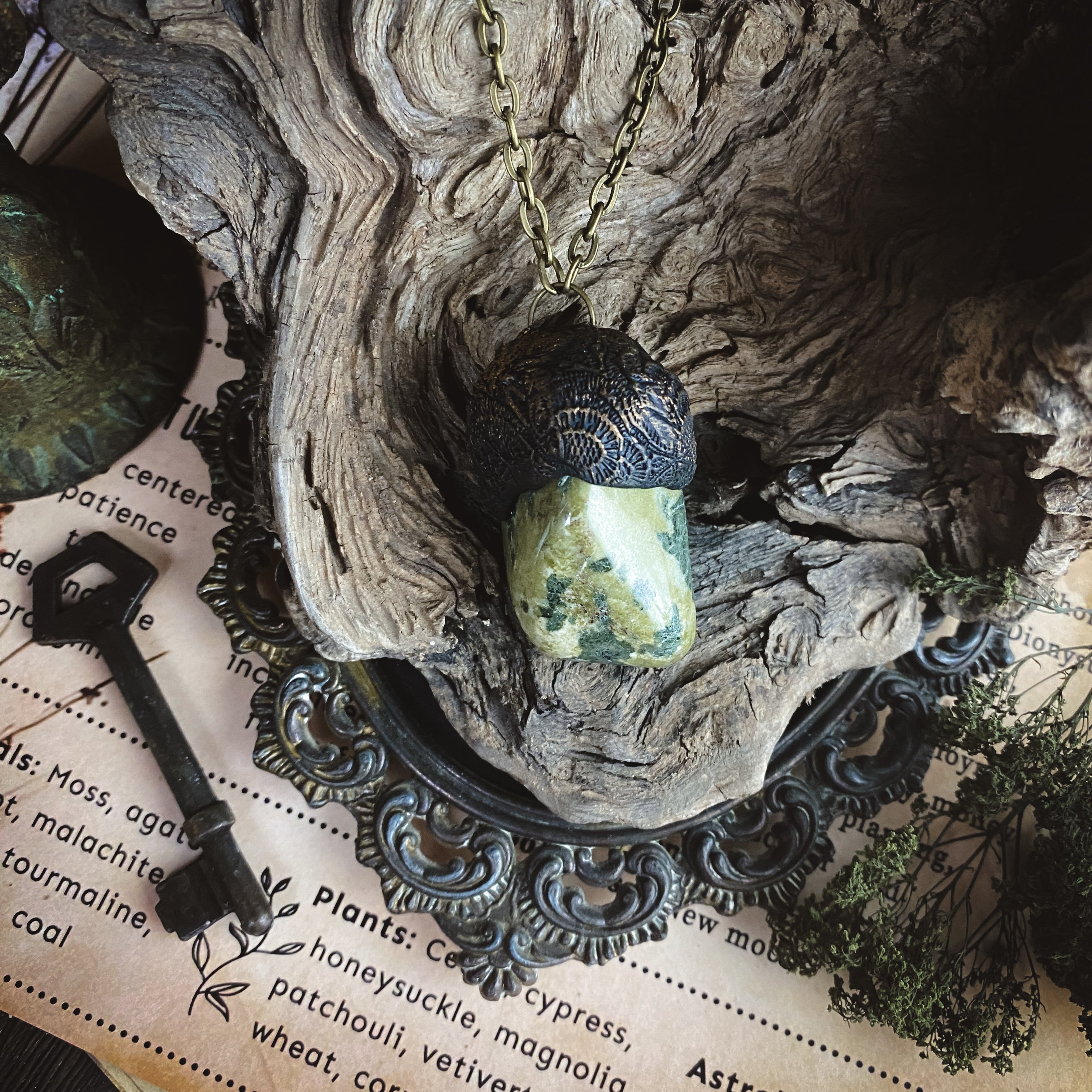 Serpentine + Clay Talisman Necklace with an Organic Pattern