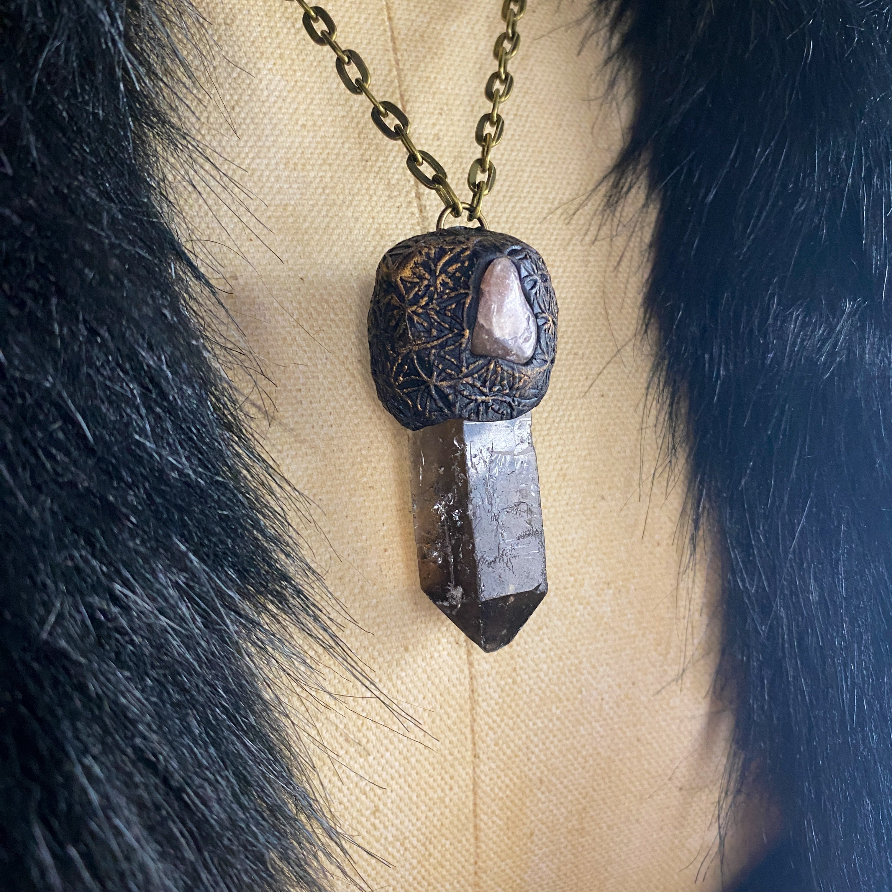 Smoky Quartz + Strawberry Quartz + Clay Talisman Necklace with a Flower of Life Design