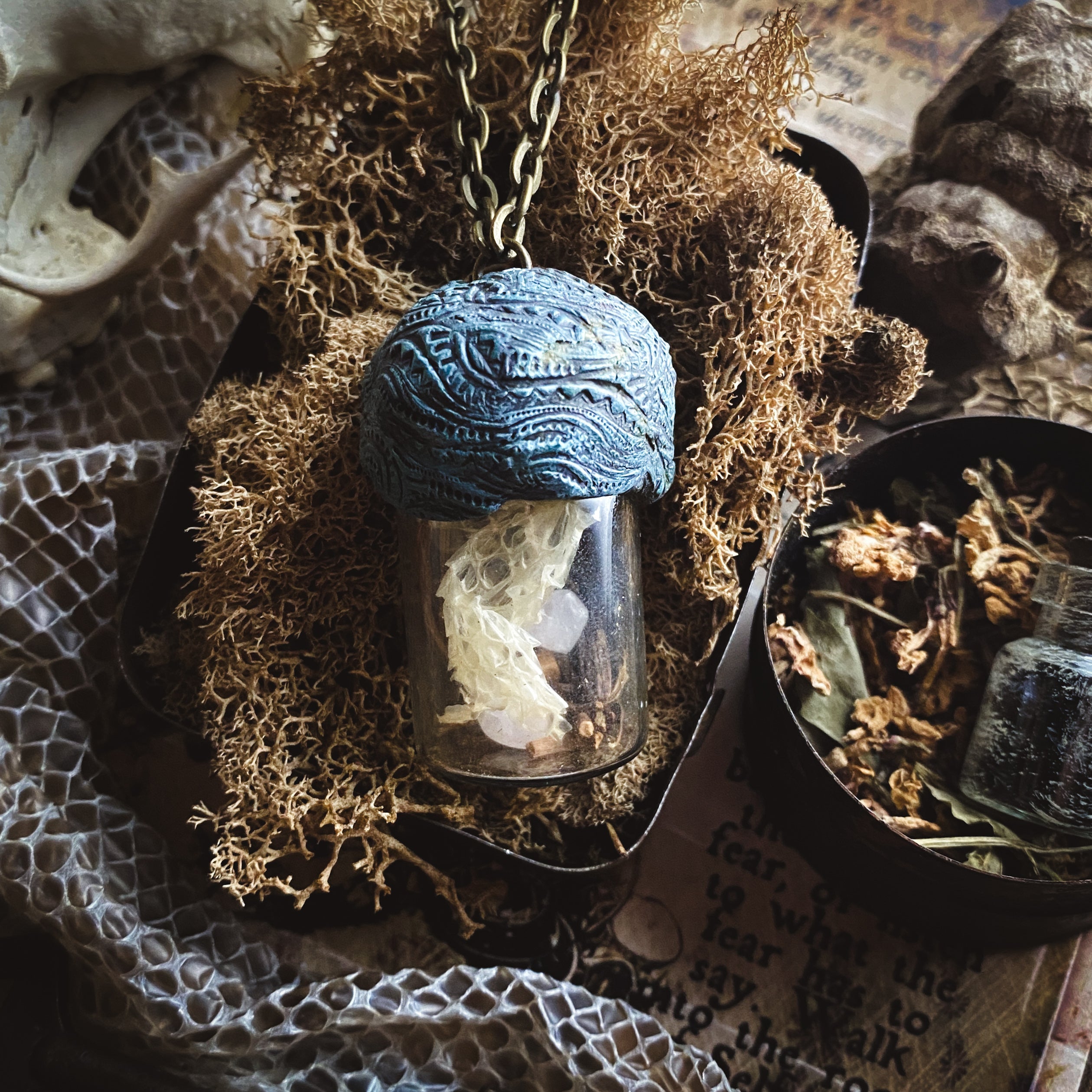 Conjure Necklace with Mandrake Root, Rose Quartz and Snake Skin for Love, Protection + Spiritual Connection