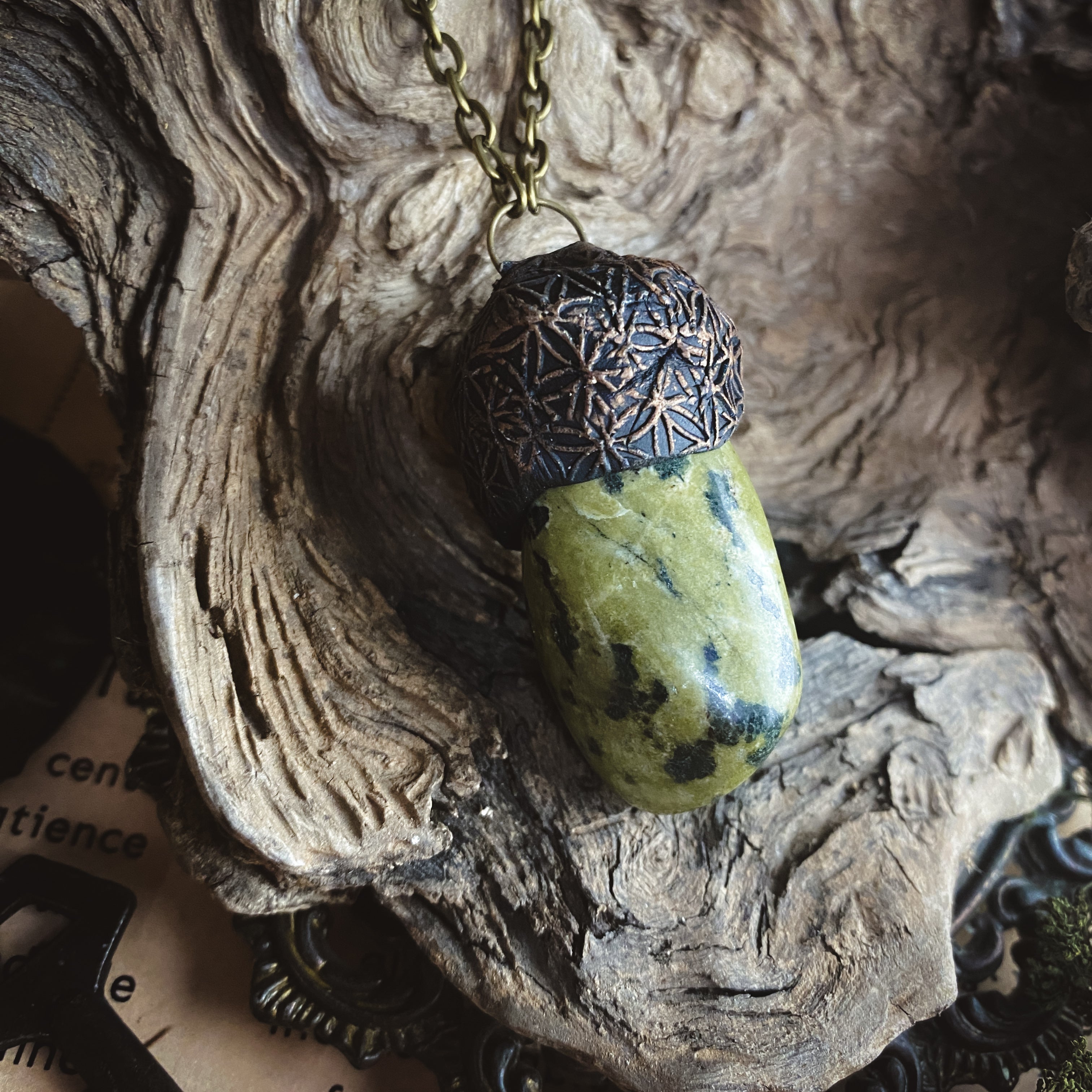 Serpentine Talisman Necklace with a Flower of Life Clay Pattern