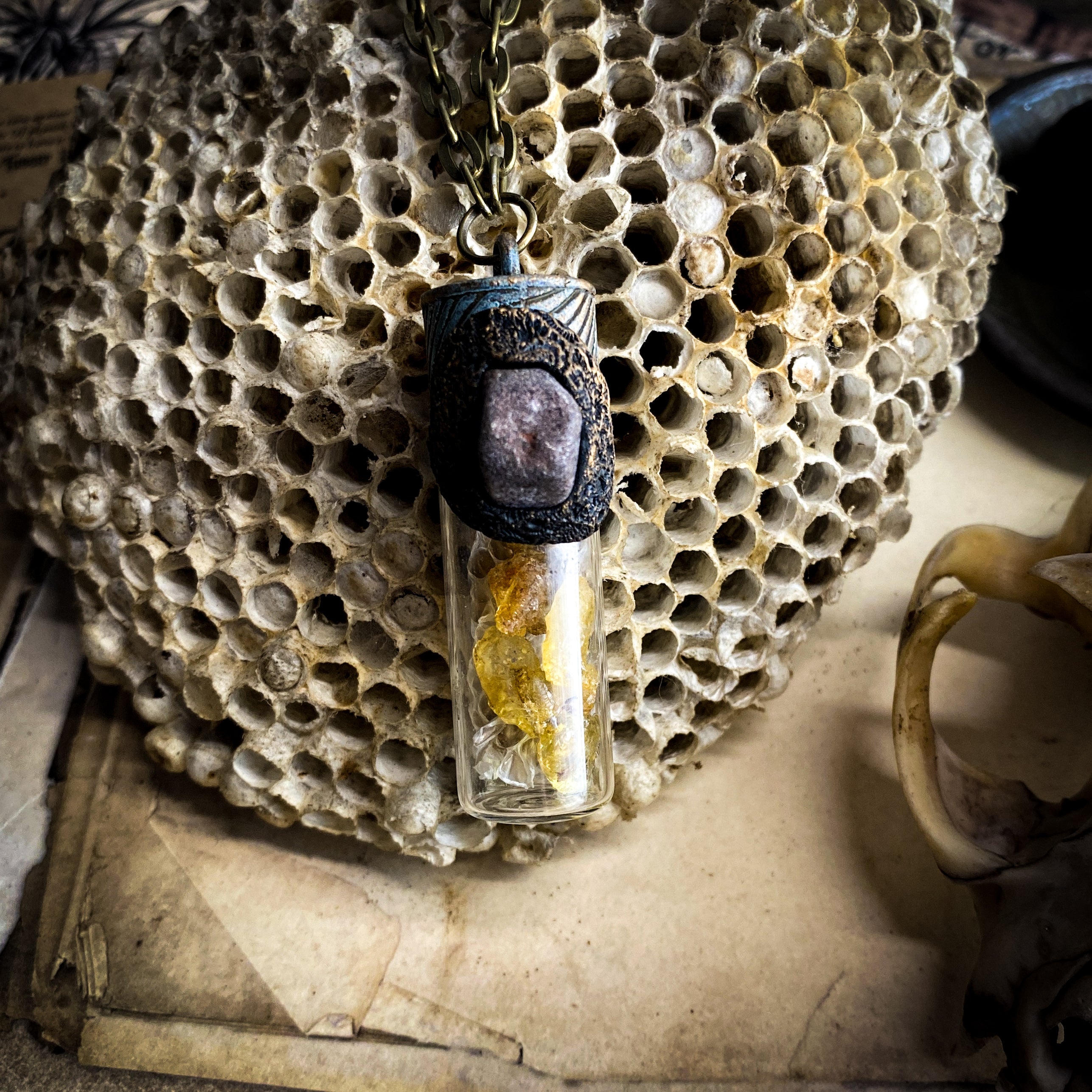 Serpent Heart Conjure Necklace with Strawberry Quartz, Copal + Snake Skin