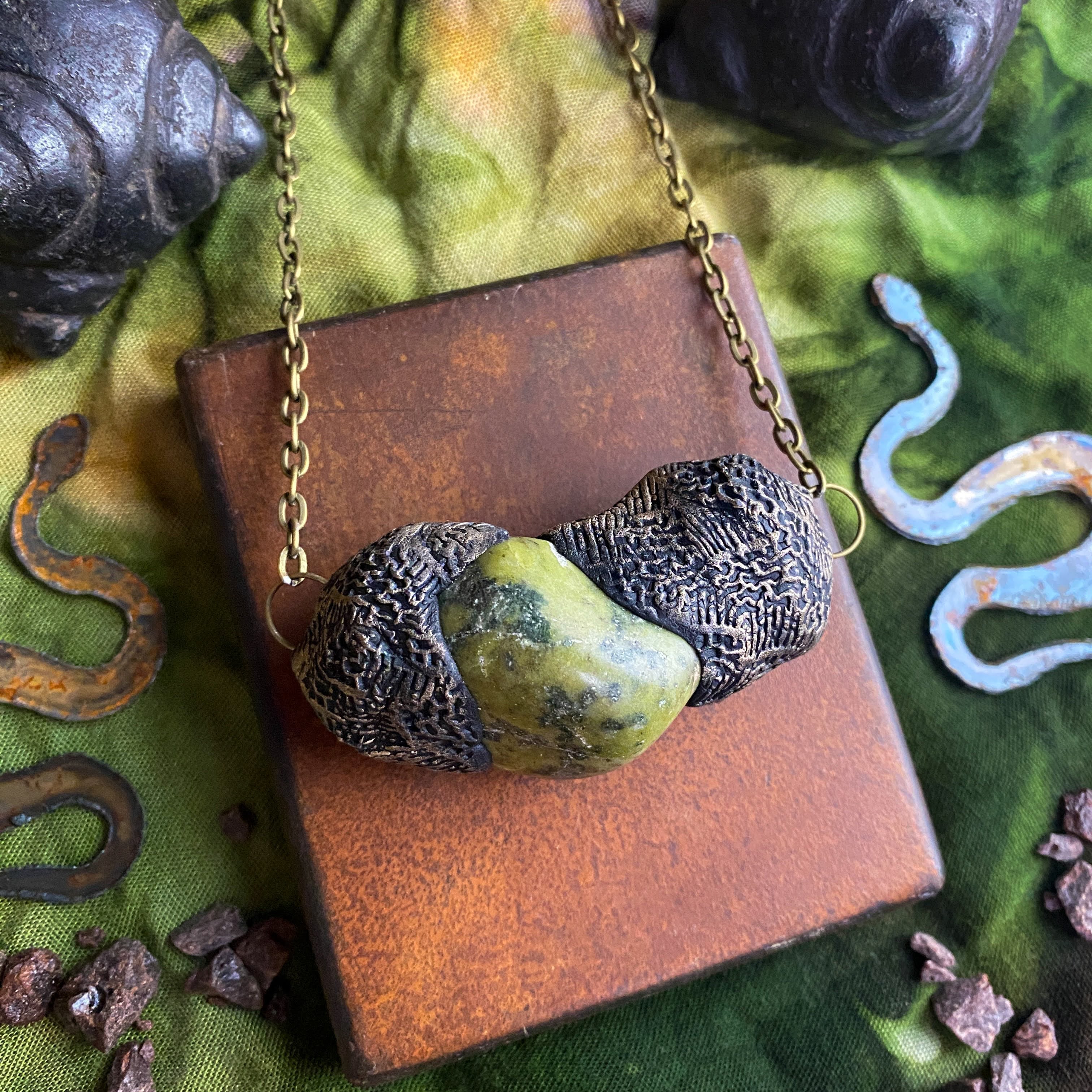 Serpentine + Clay Talisman Necklace with an Organic Pattern