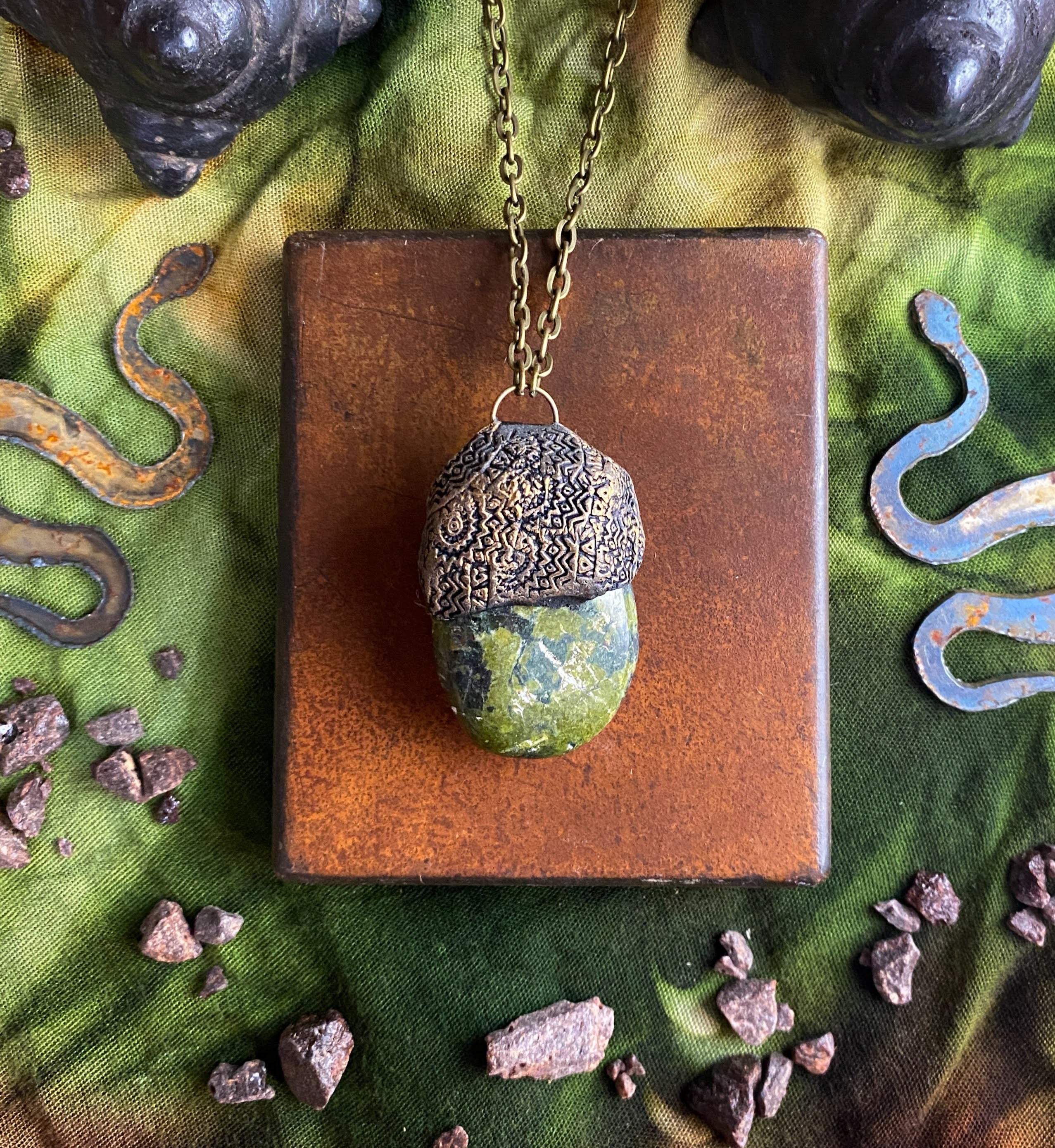Serpentine + Clay Talisman Necklace with an Organic Pattern