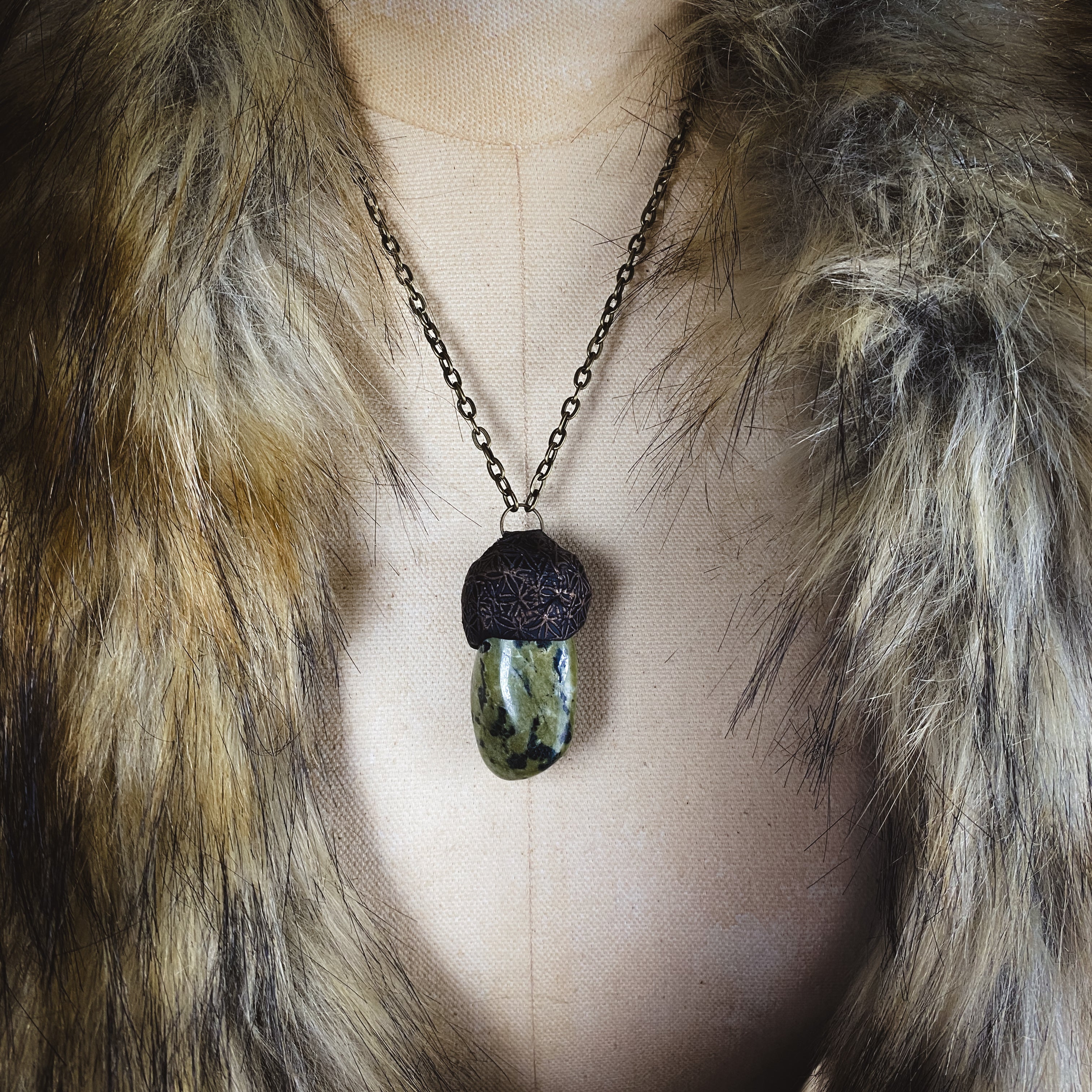 Serpentine Talisman Necklace with a Flower of Life Clay Pattern