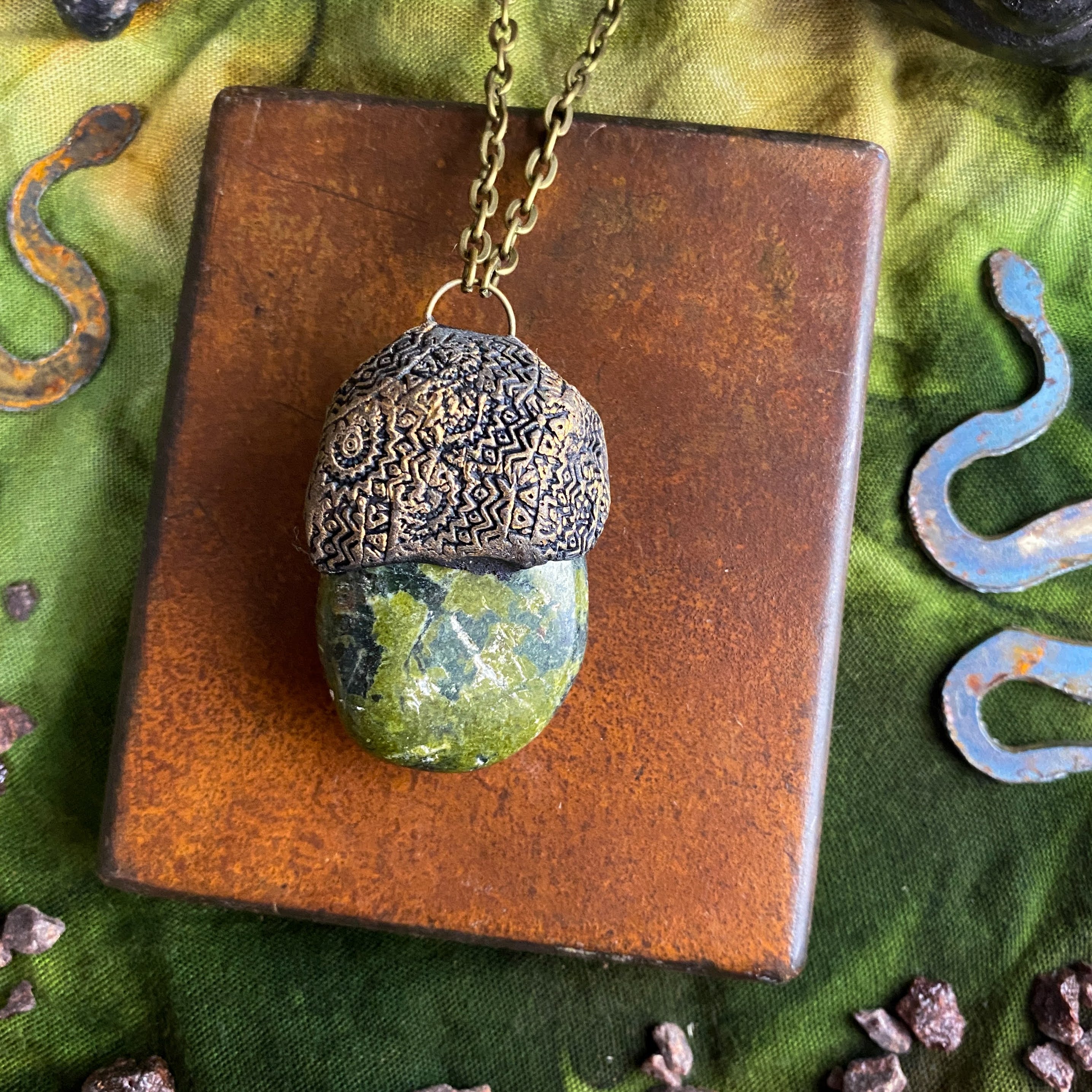 Serpentine + Clay Talisman Necklace with an Organic Pattern