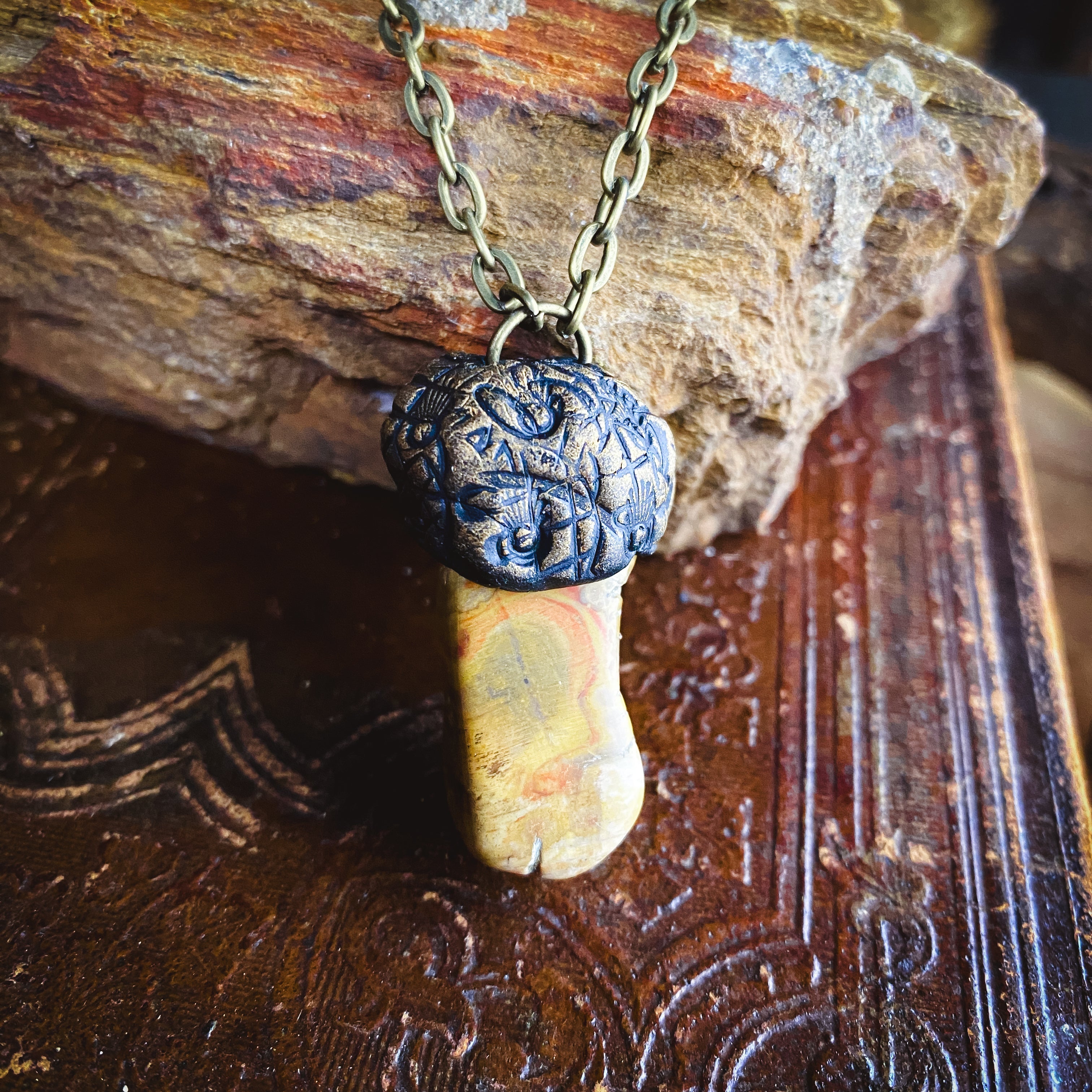Handcrafted Clay Talisman Necklace with Petrified Wood