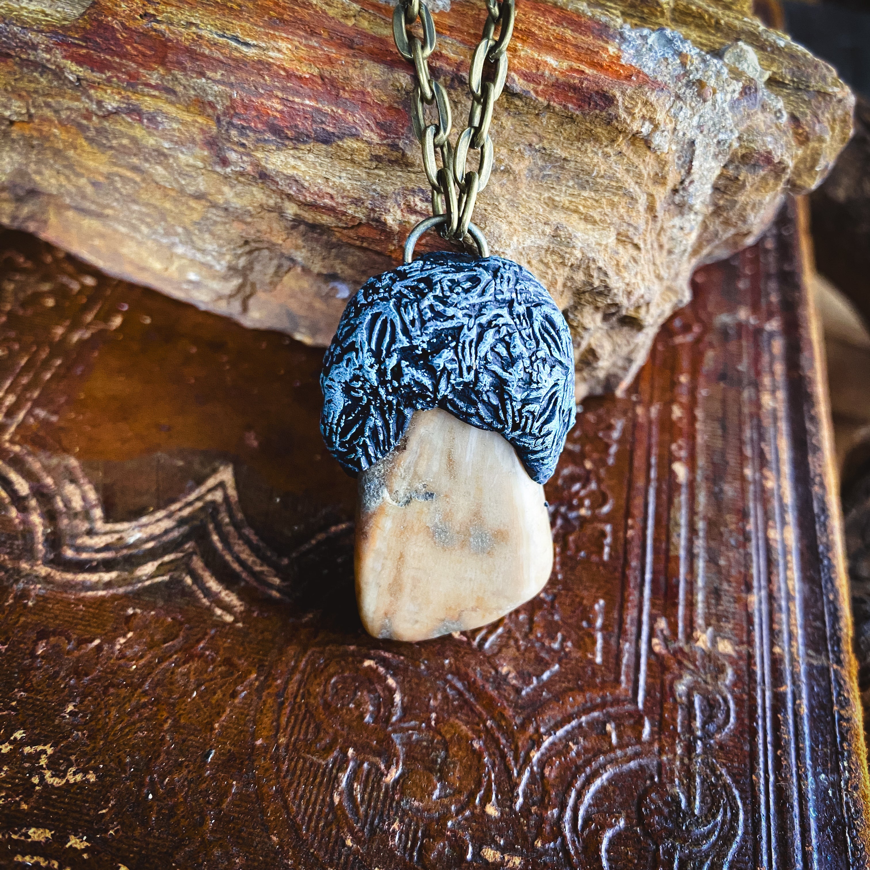 Handcrafted Clay Talisman Necklace with Petrified Wood