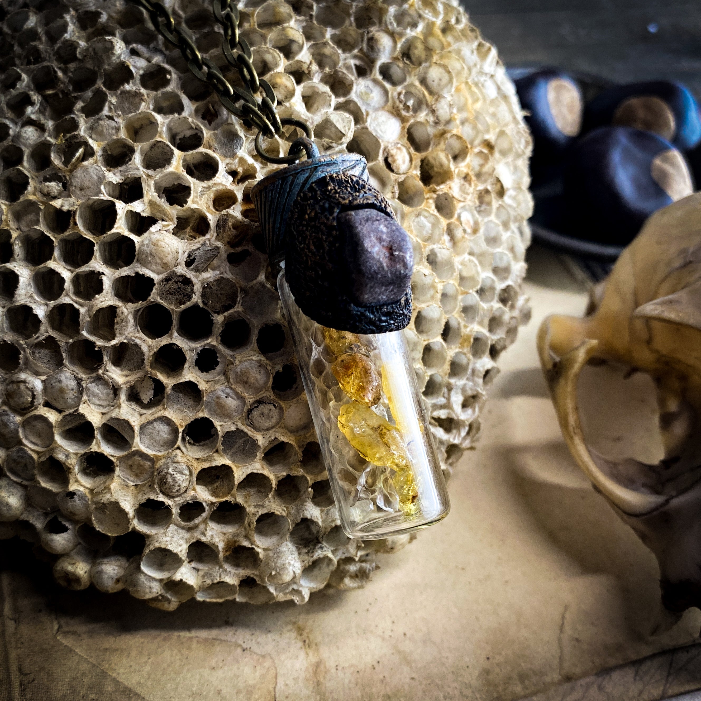 Serpent Heart Conjure Necklace with Strawberry Quartz, Copal + Snake Skin