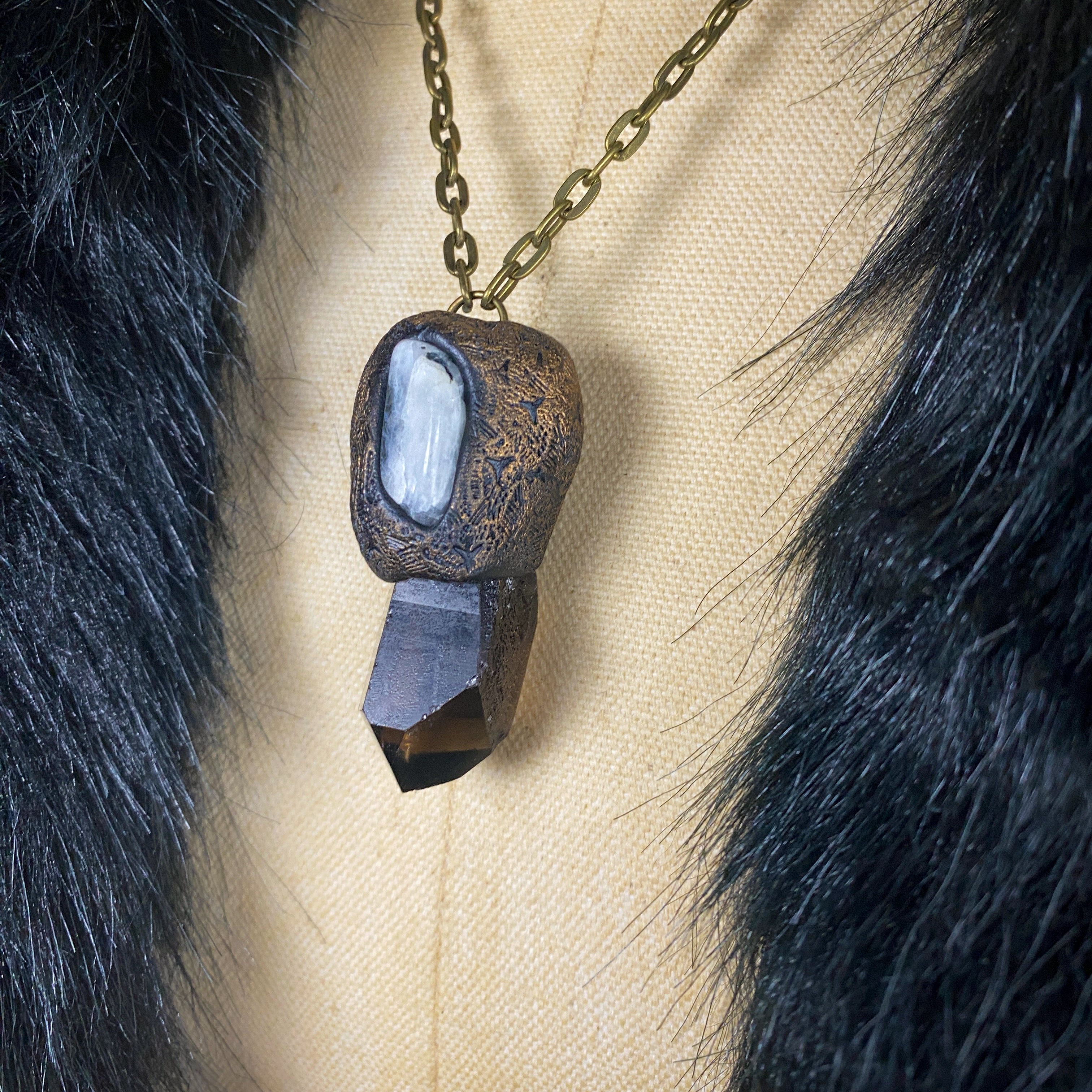 Handcrafted Clay Talisman Necklace with Smoky Quartz + Rainbow Moonstone