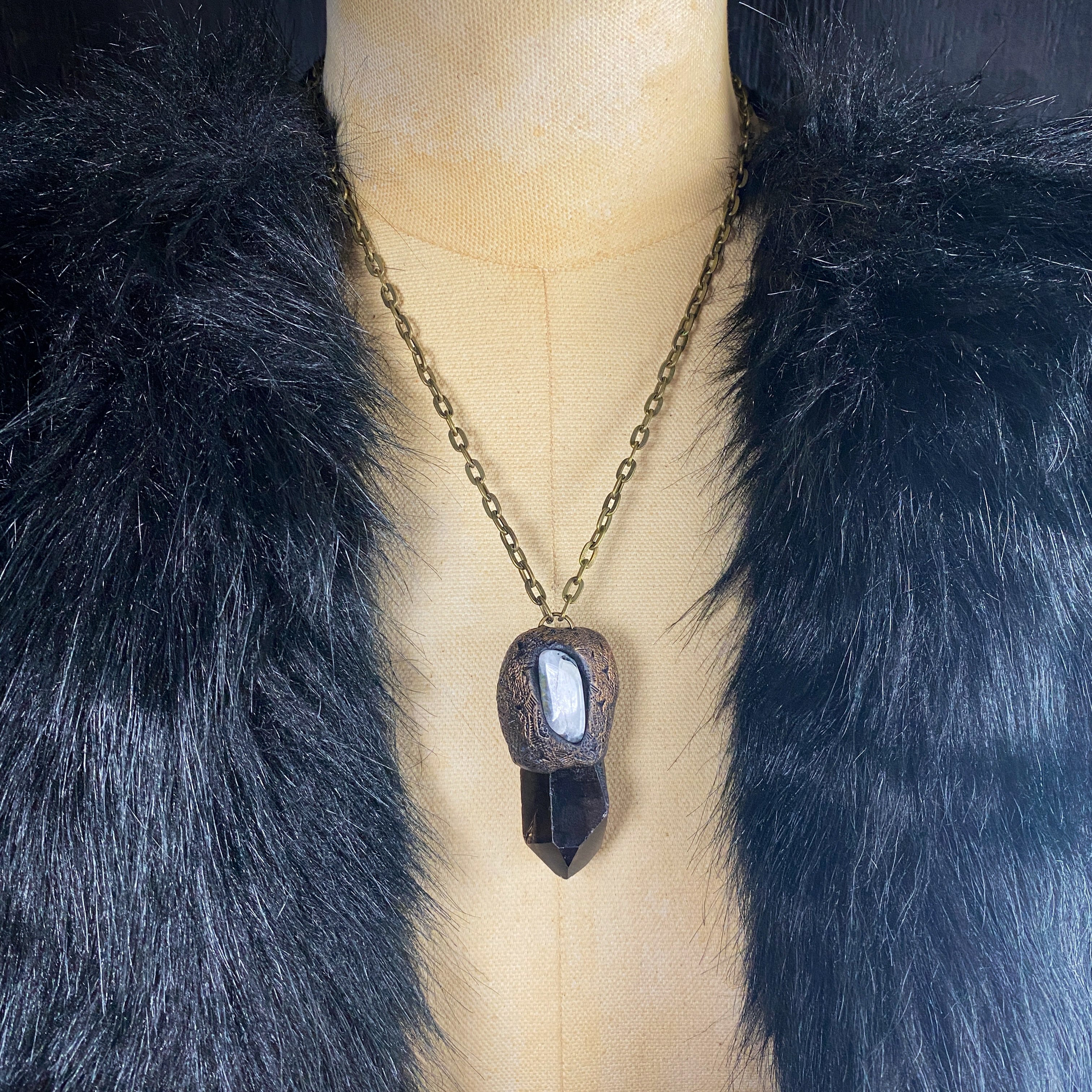 Handcrafted Clay Talisman Necklace with Smoky Quartz + Rainbow Moonstone