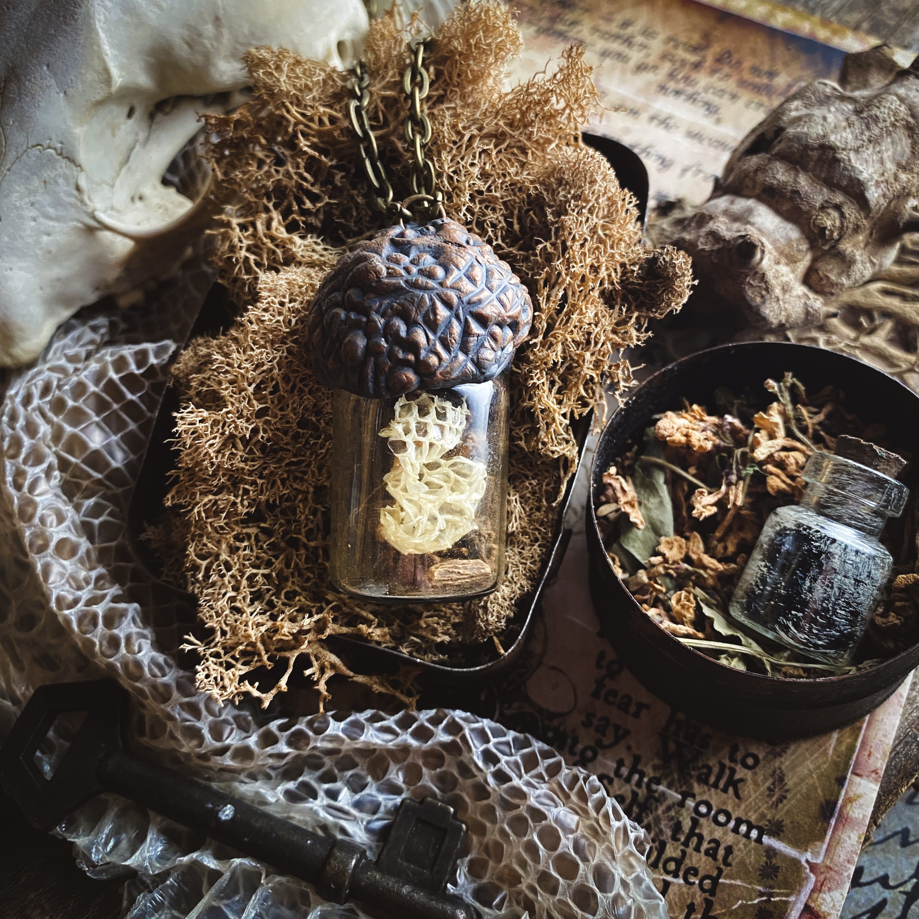 Conjure Necklace with Mandrake Root, Rose Quartz and Snake Skin for Love, Protection + Spiritual Connection