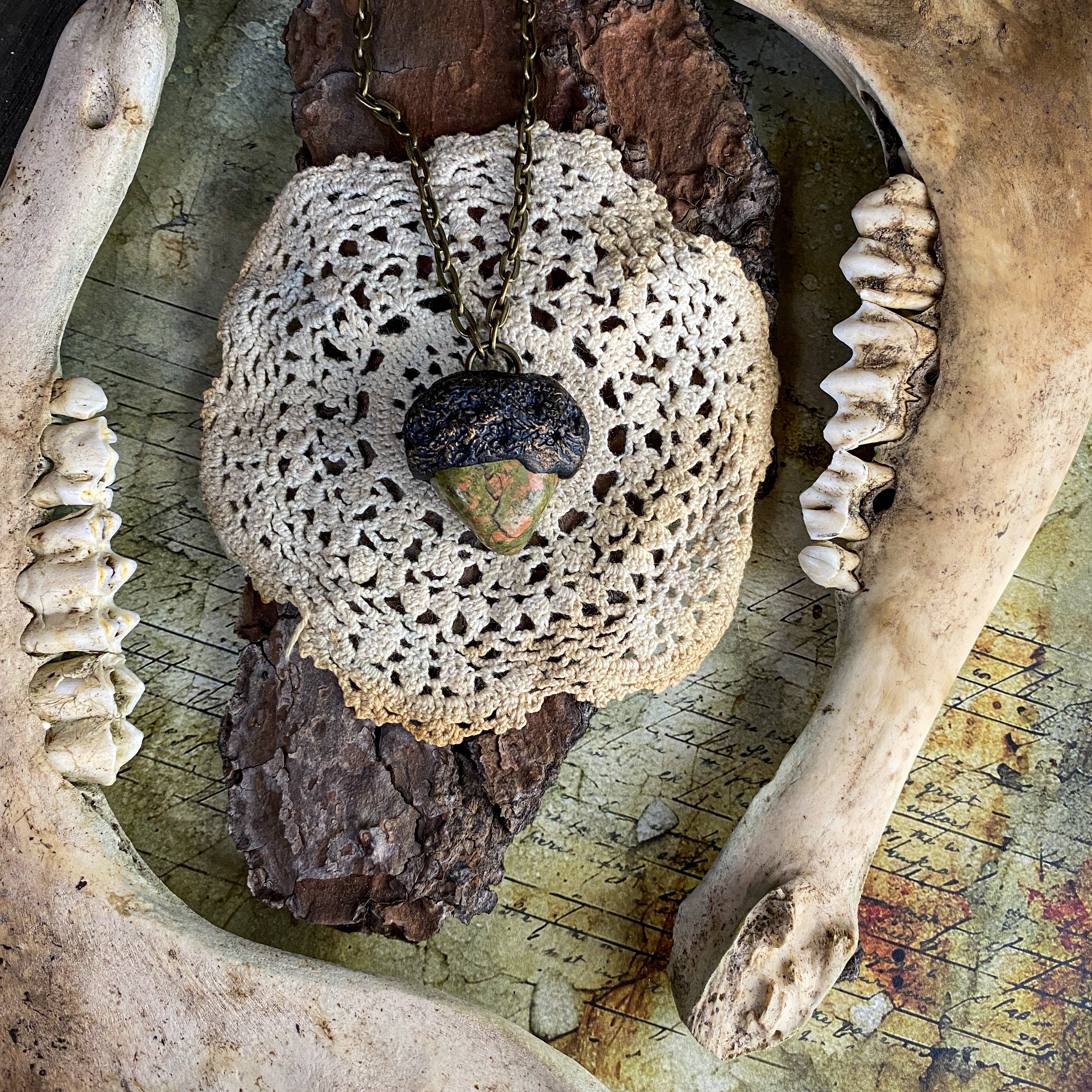 Unakite Talisman Necklace with a Nature Inspired Clay Pattern