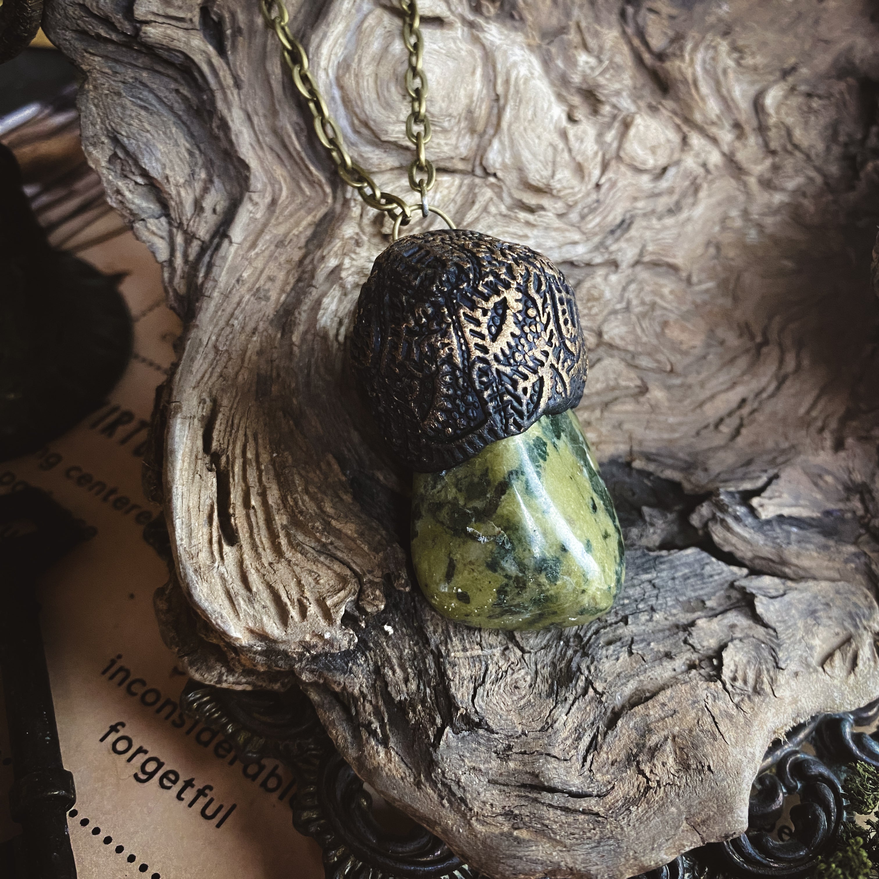 Serpentine + Clay Talisman Necklace with an Organic Pattern