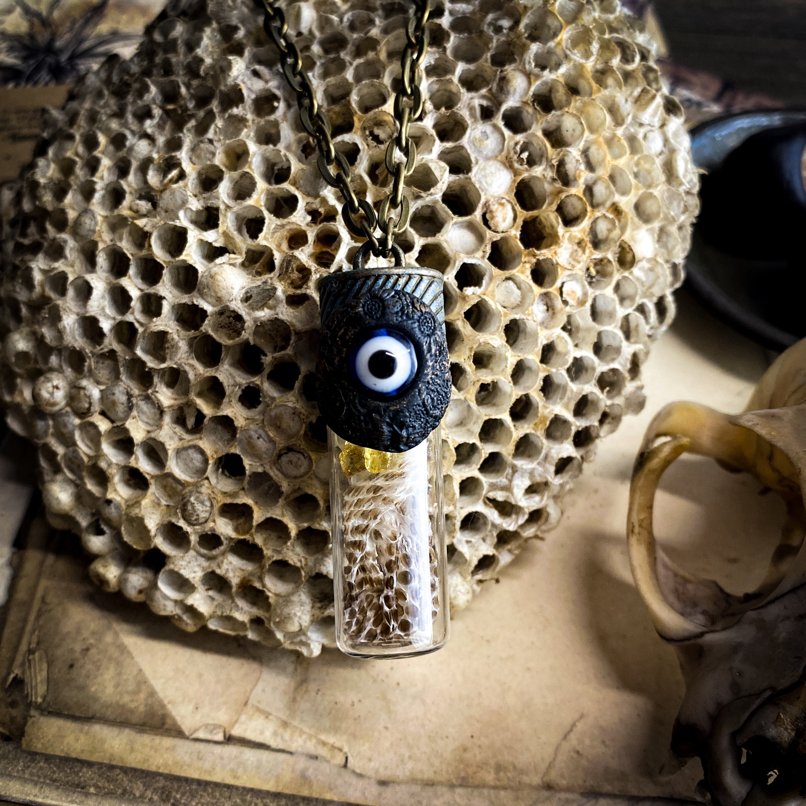 Conjure Necklace for Spiritual Protection with Copal, Evil Eye + Snake Skin