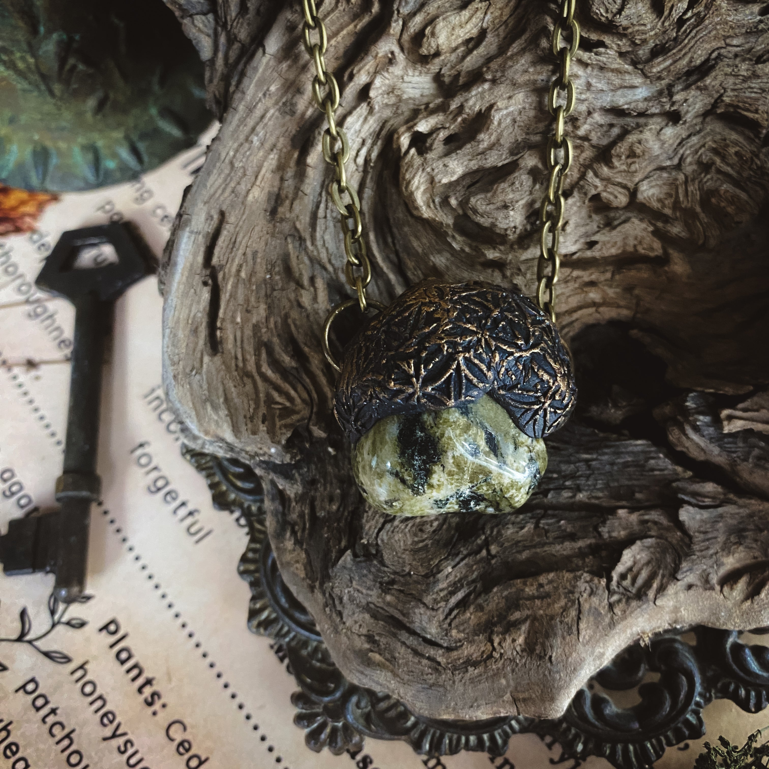 Serpentine Talisman Necklace with a Flower of Life Clay Pattern