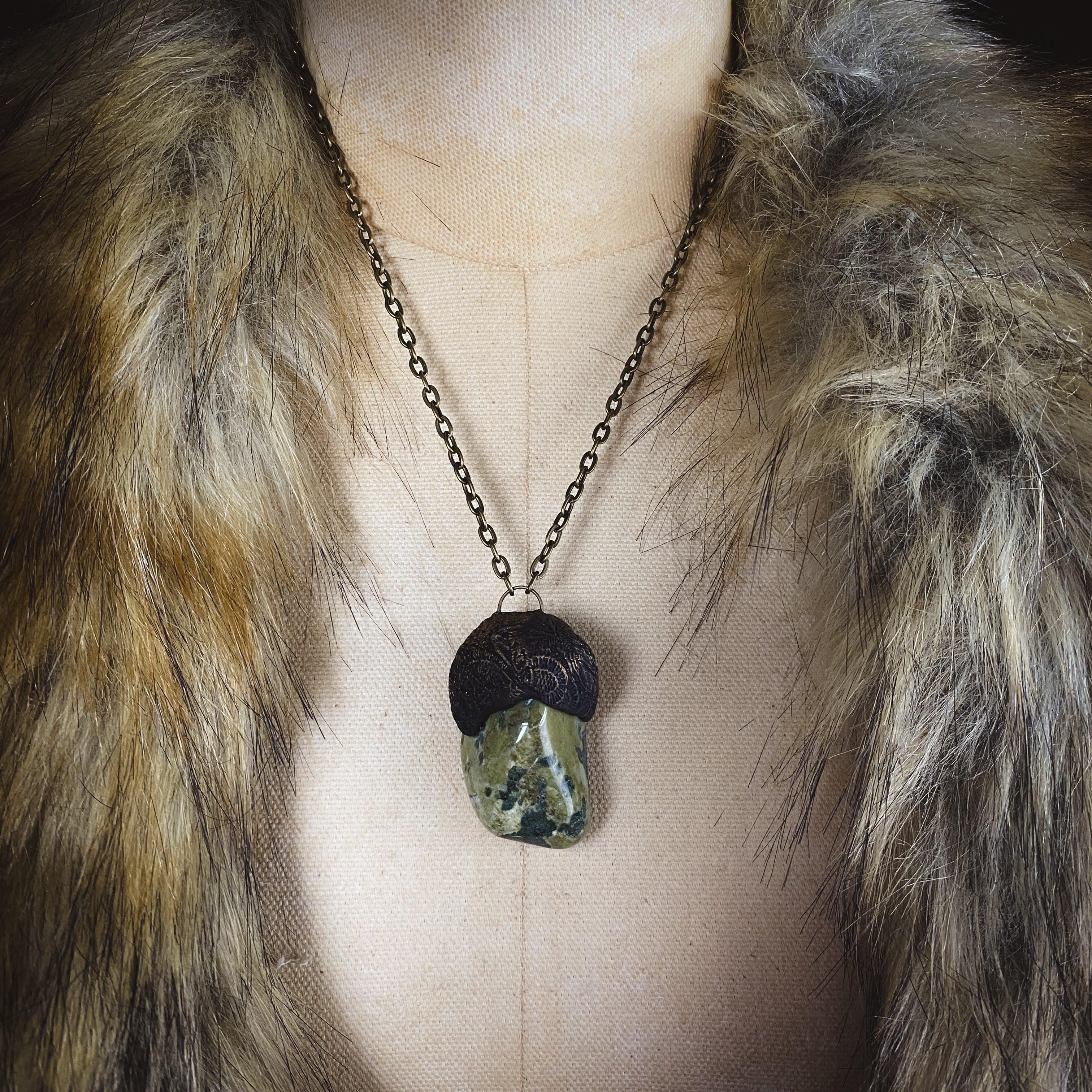 Serpentine + Clay Talisman Necklace with an Organic Pattern