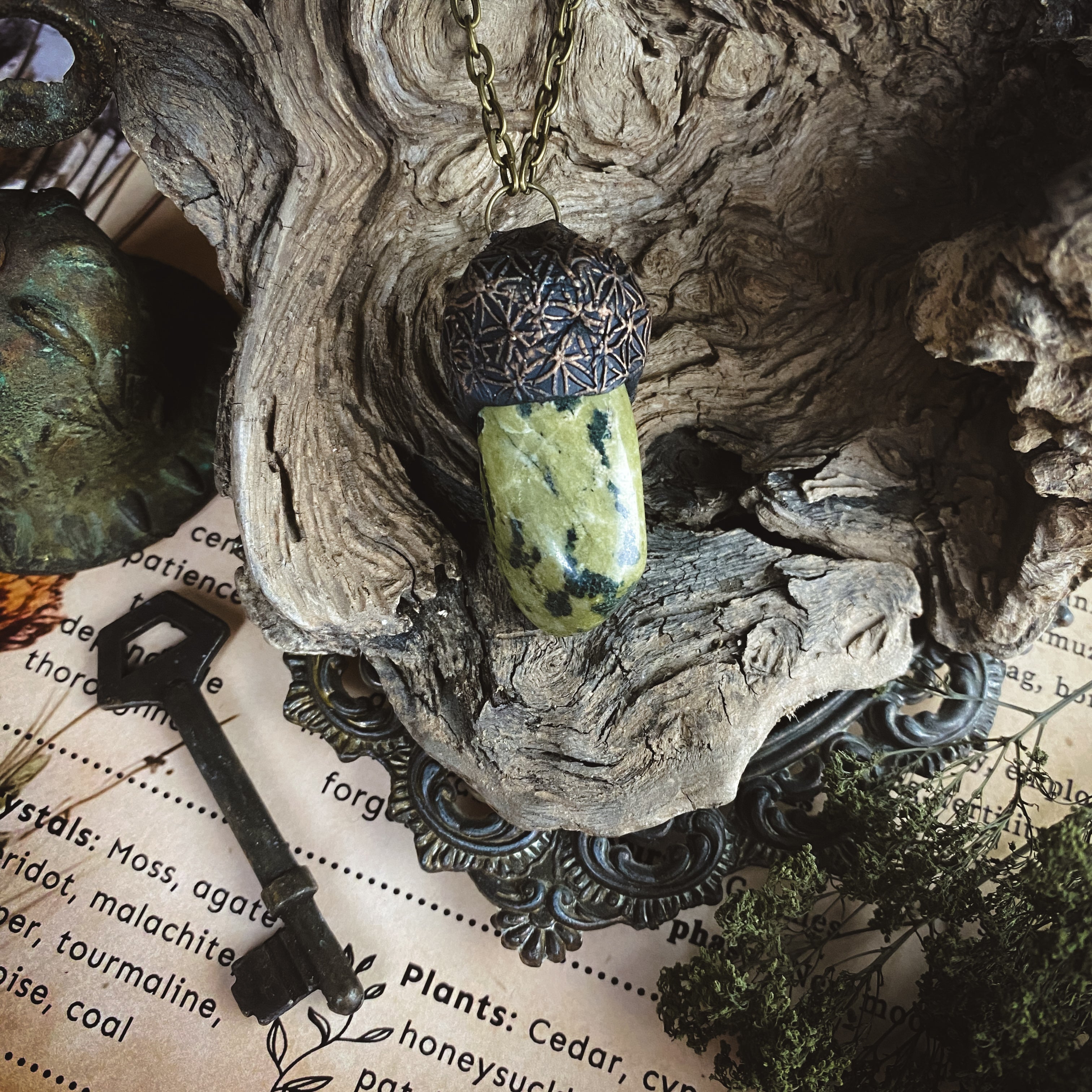 Serpentine Talisman Necklace with a Flower of Life Clay Pattern