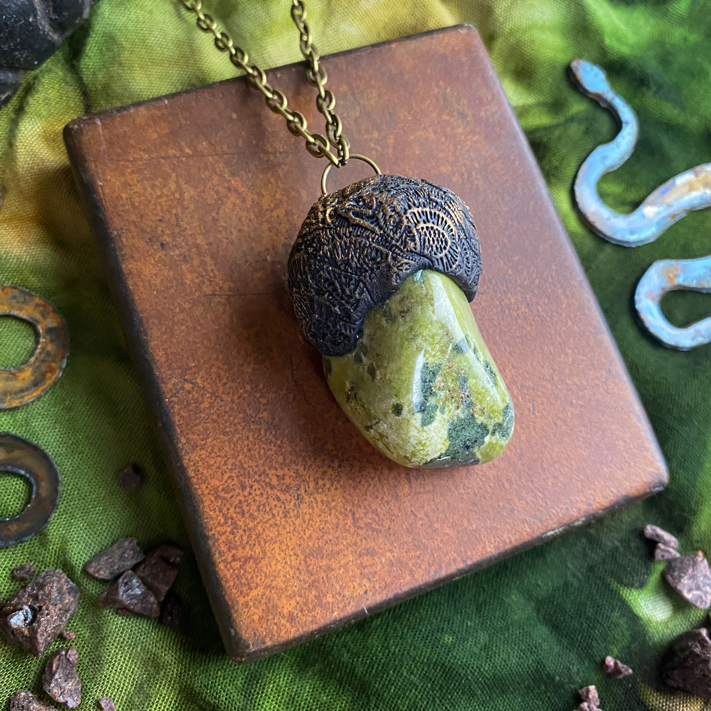 Serpentine + Clay Talisman Necklace with an Organic Pattern
