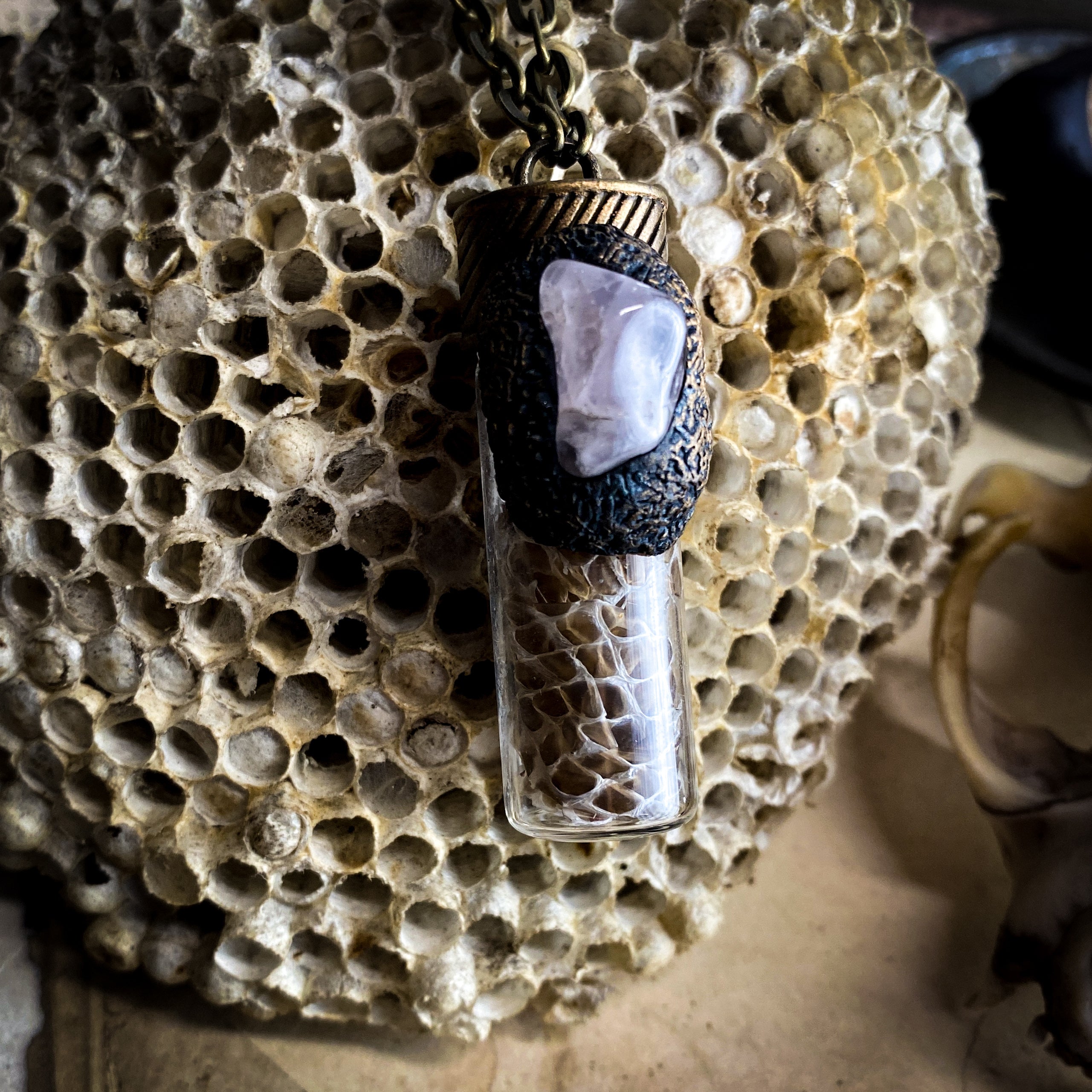 Serpent Rose Conjure Necklace with Rose Petals, Rose Quartz + Snake Skin