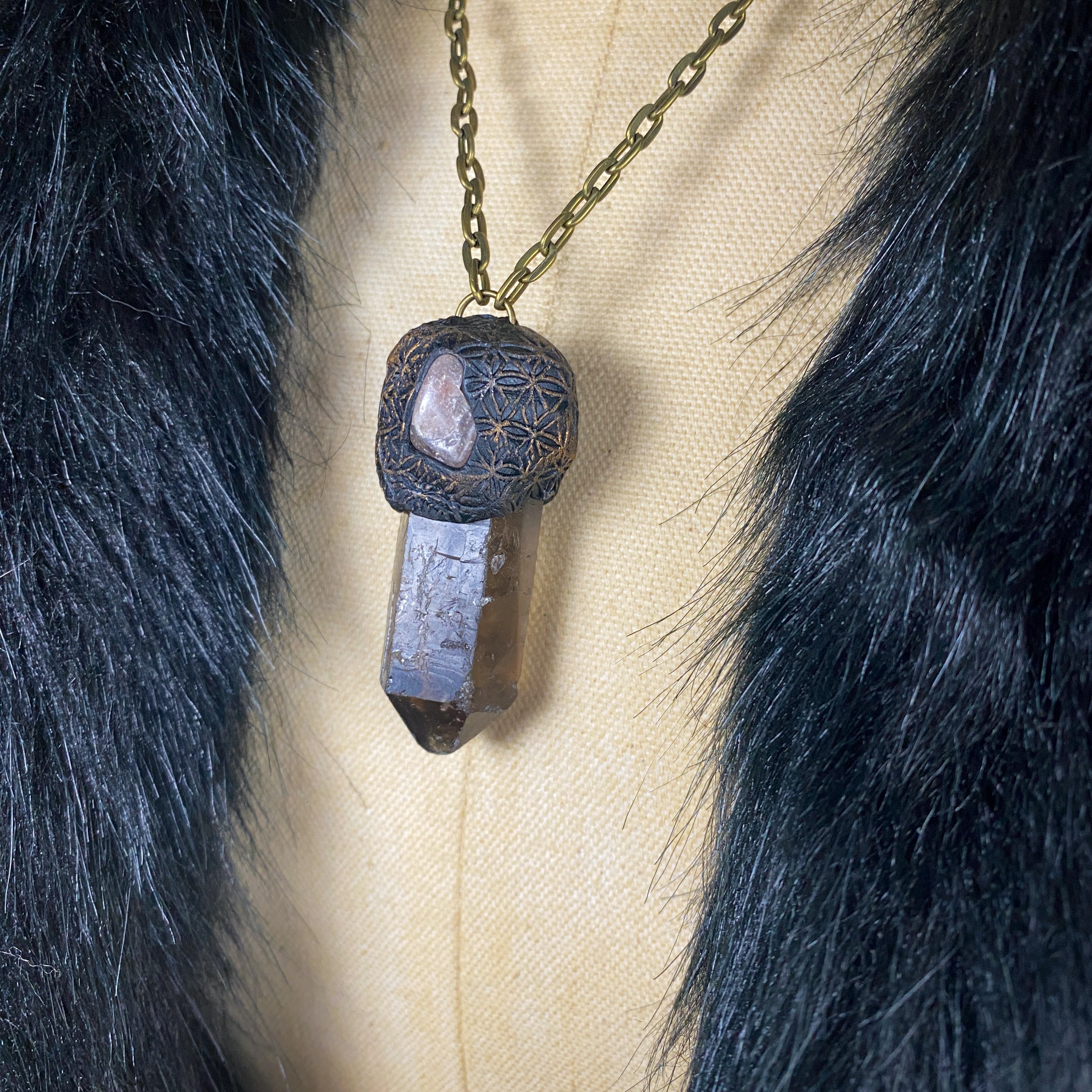 Smoky Quartz + Strawberry Quartz + Clay Talisman Necklace with a Flower of Life Design
