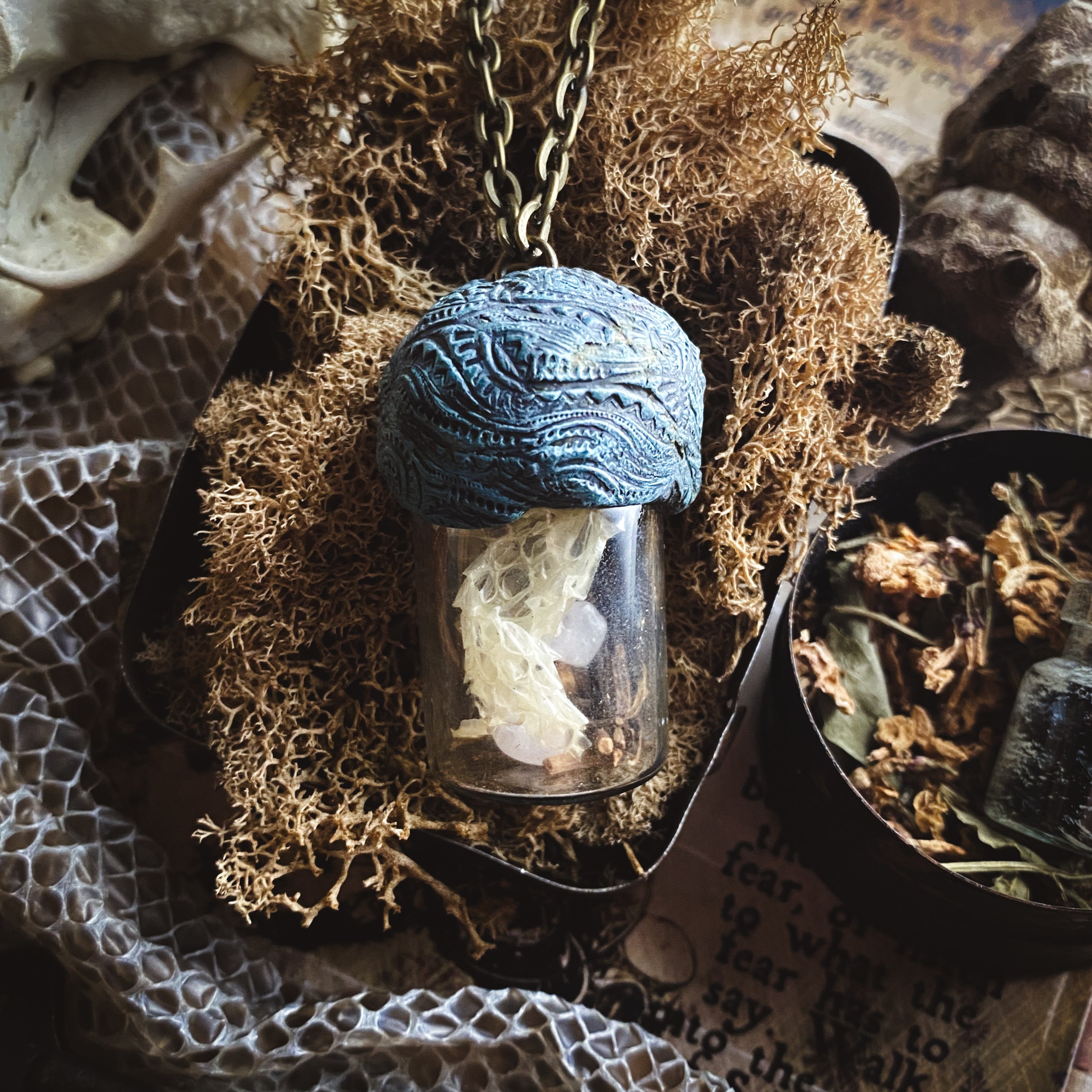 Conjure Necklace with Mandrake Root, Rose Quartz and Snake Skin for Love, Protection + Spiritual Connection