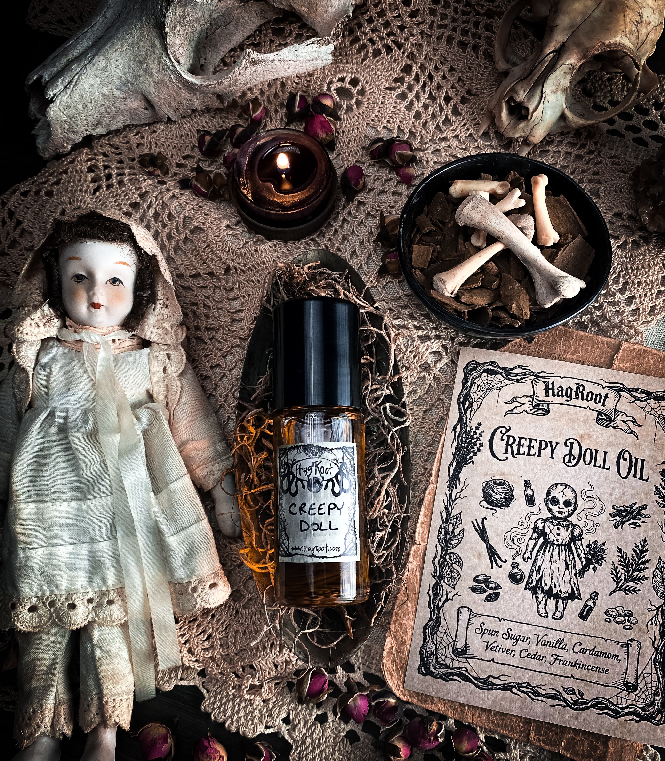 CREEPY DOLL-(Spun Sugar, Vanilla, Cardamom, Vetiver, Cedar, Frankincense)-Perfume, Cologne, Anointing, Ritual Oil