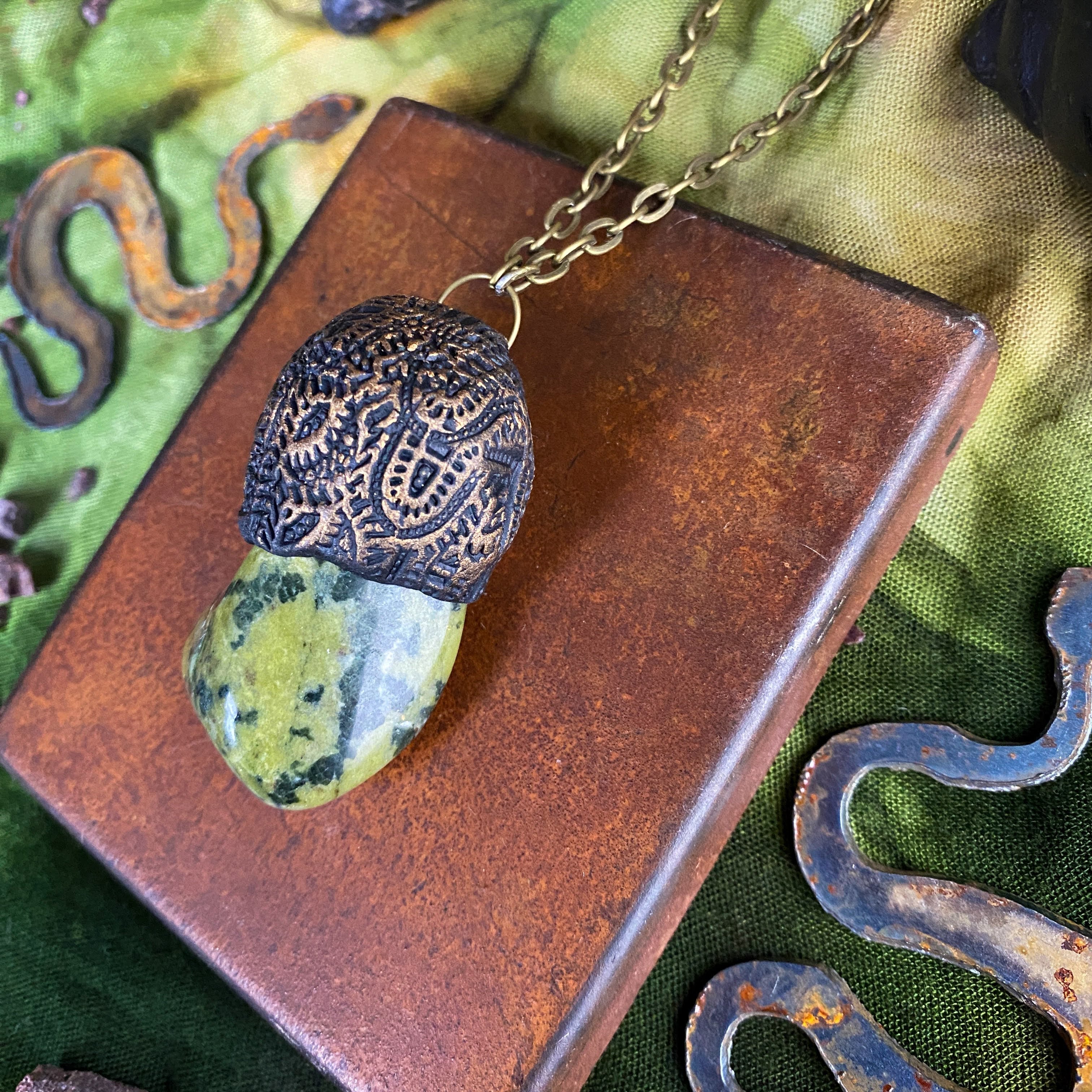 Serpentine + Clay Talisman Necklace with an Organic Pattern