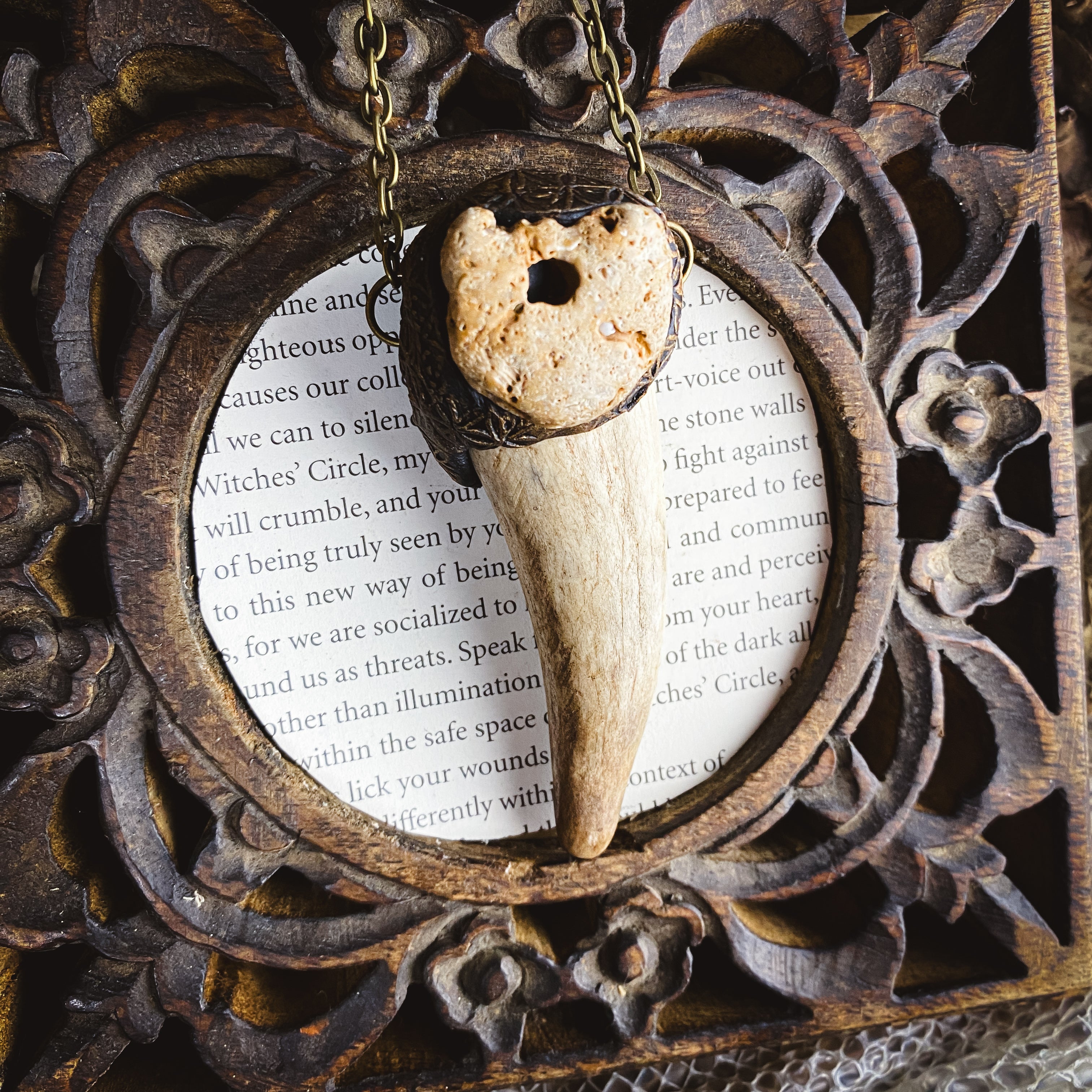 Deer Medicine Necklace - Handcrafted Antler and Hag StoneTalisman with the Flower of Life Design