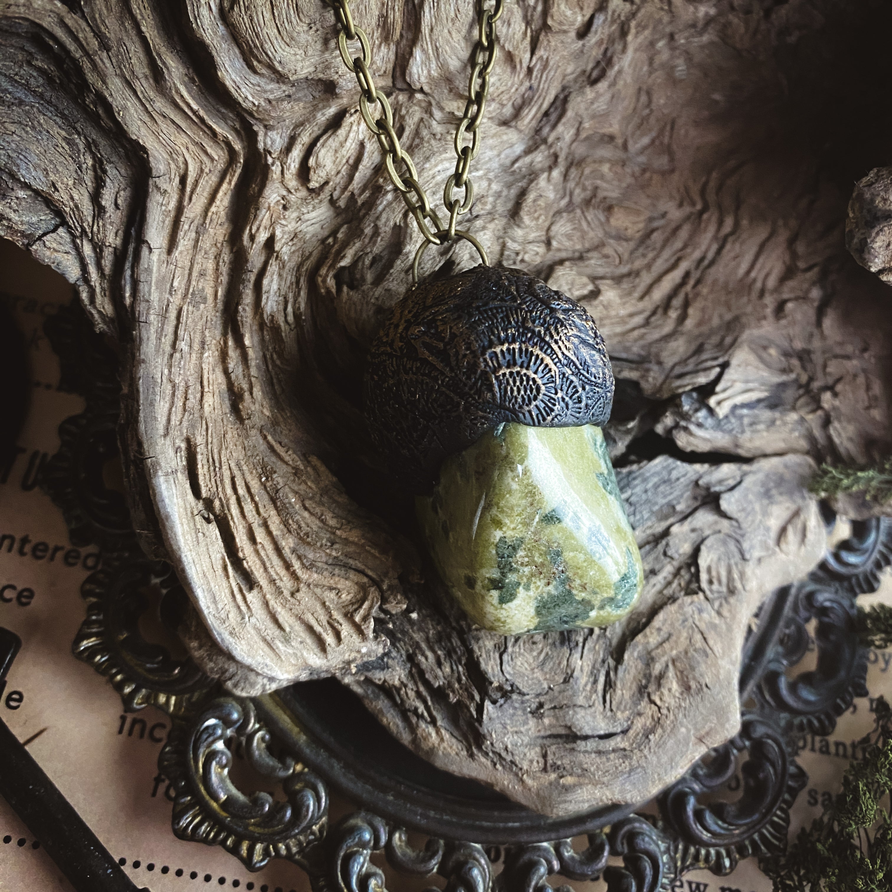 Serpentine + Clay Talisman Necklace with an Organic Pattern