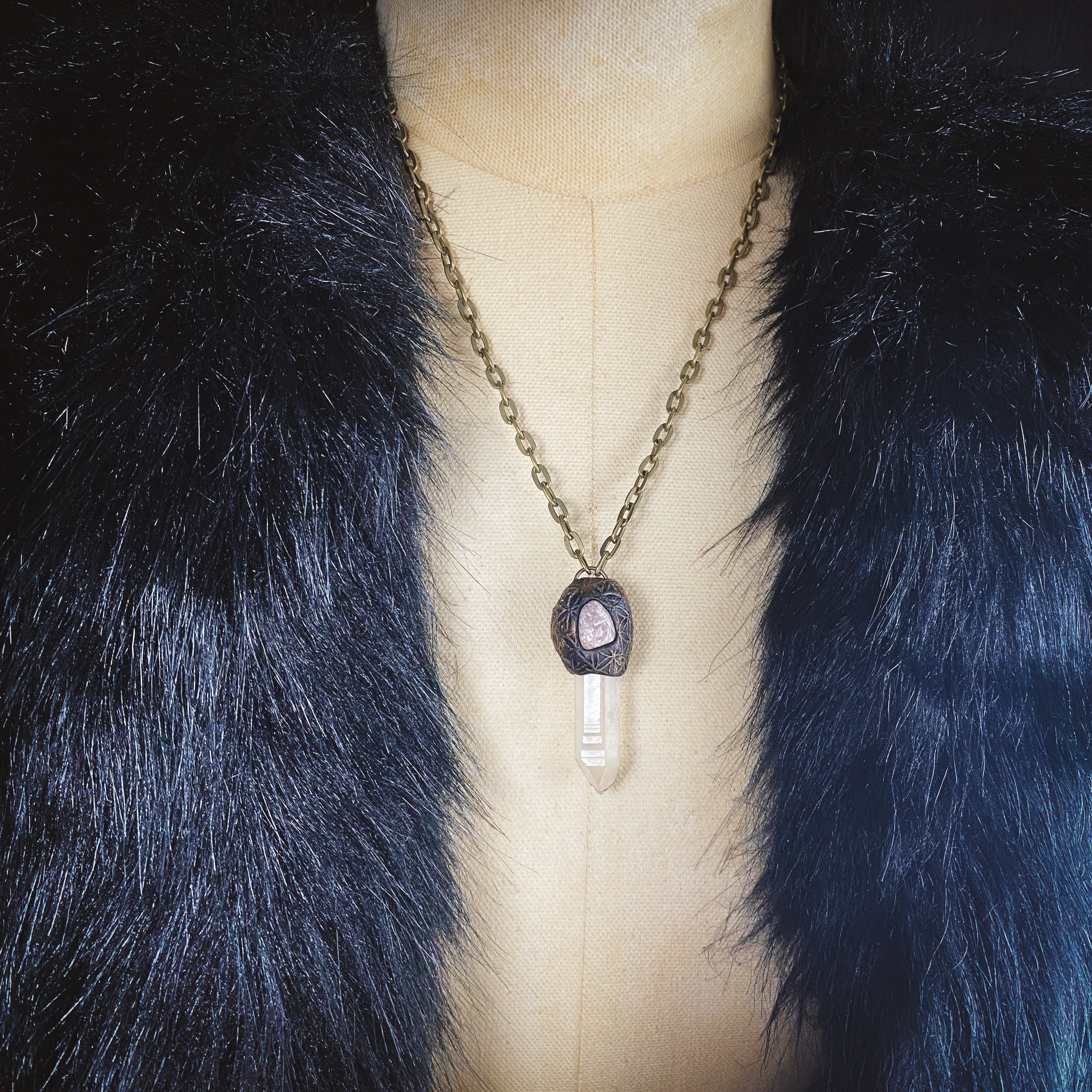 Clear Quartz + Strawberry Quartz + Clay Talisman Necklace with a Flower of Life Design