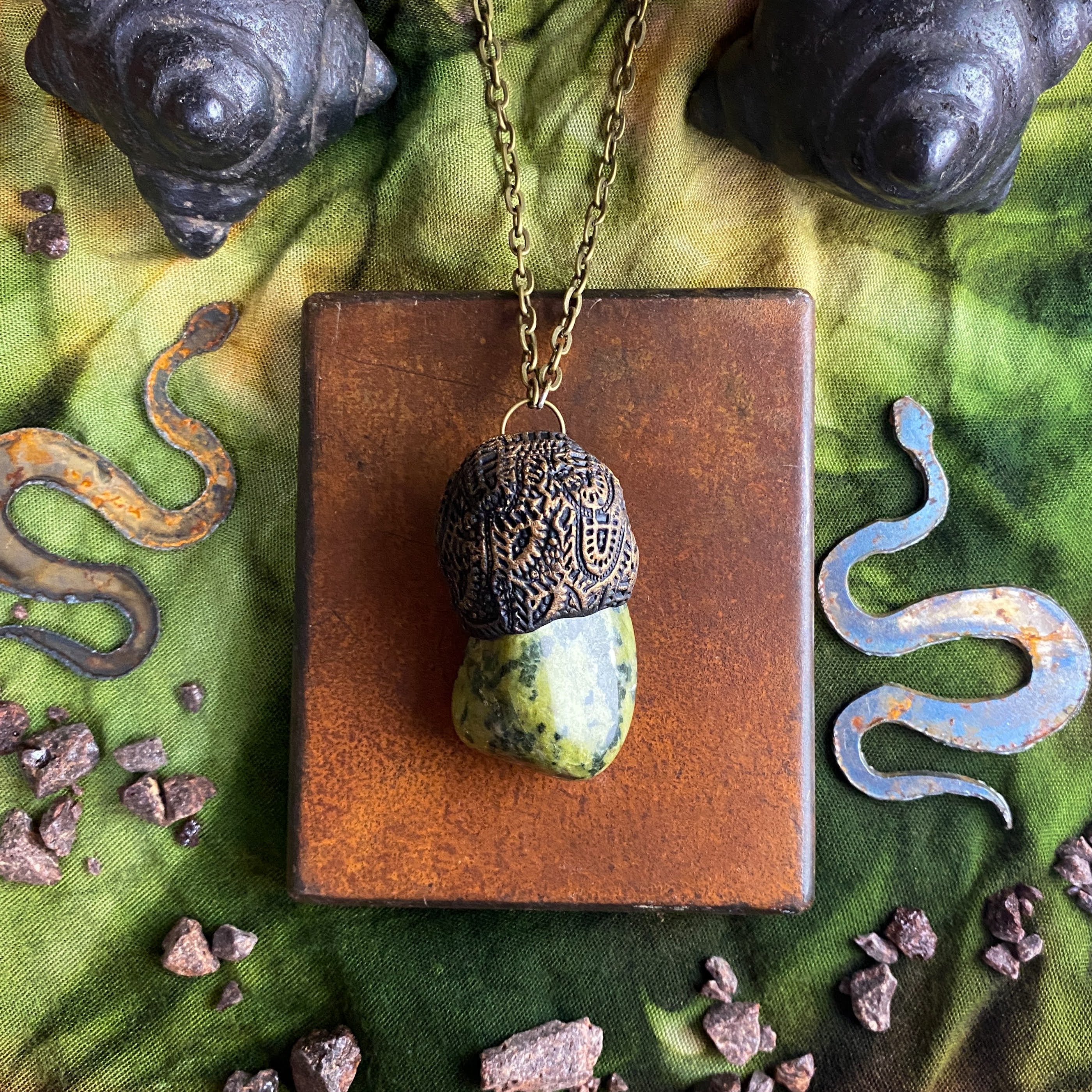 Serpentine + Clay Talisman Necklace with an Organic Pattern