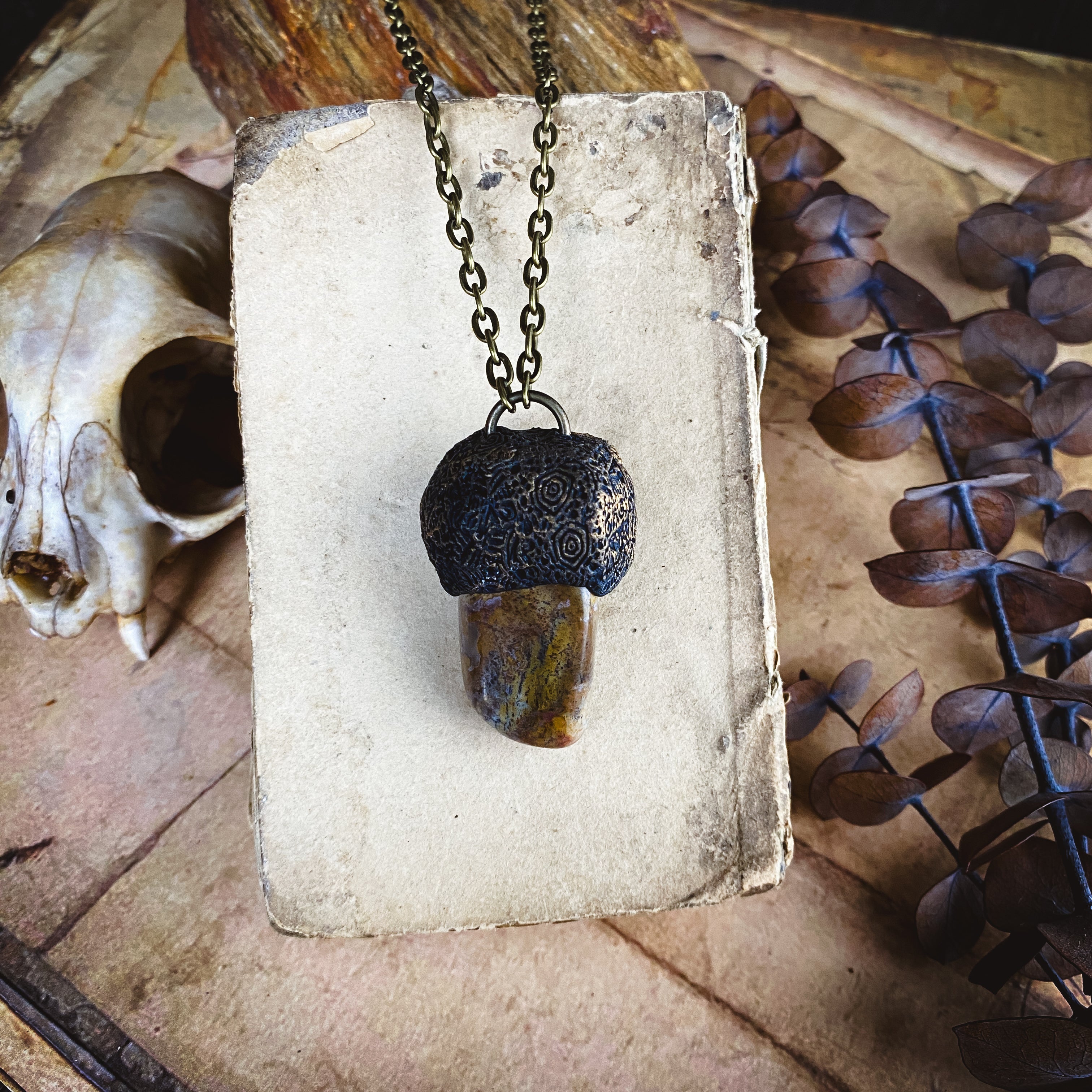 Handcrafted Clay Talisman Necklace with Petrified Wood
