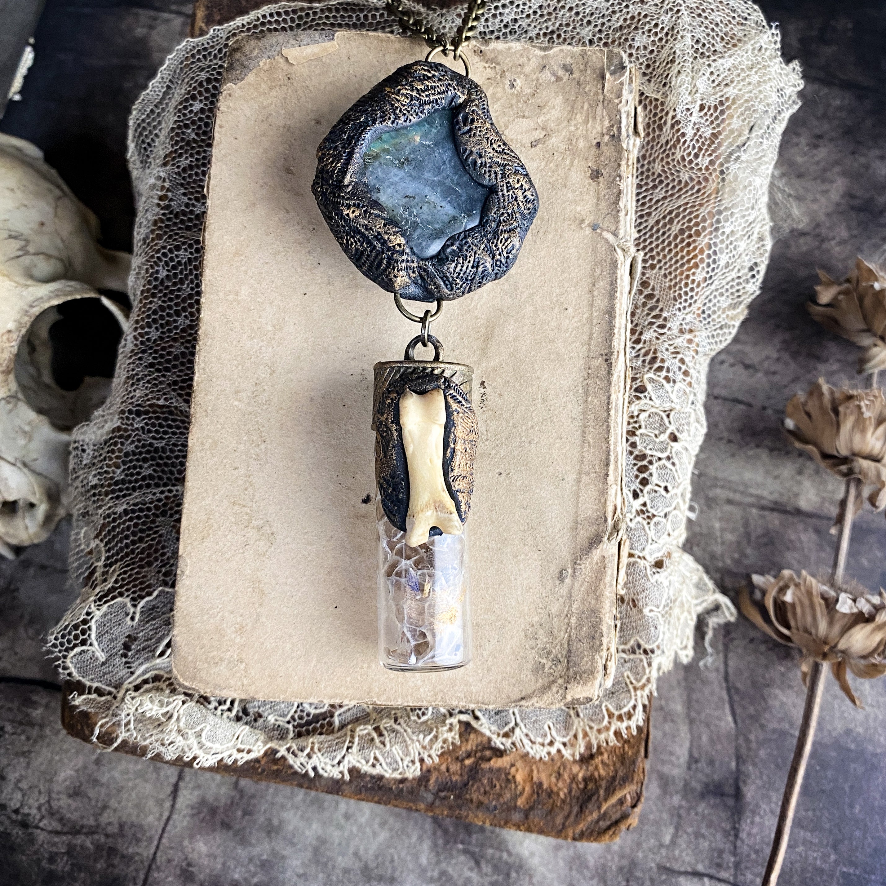 Labradorite + Snake Skin Necklace - Handcrafted Clay Talisman
