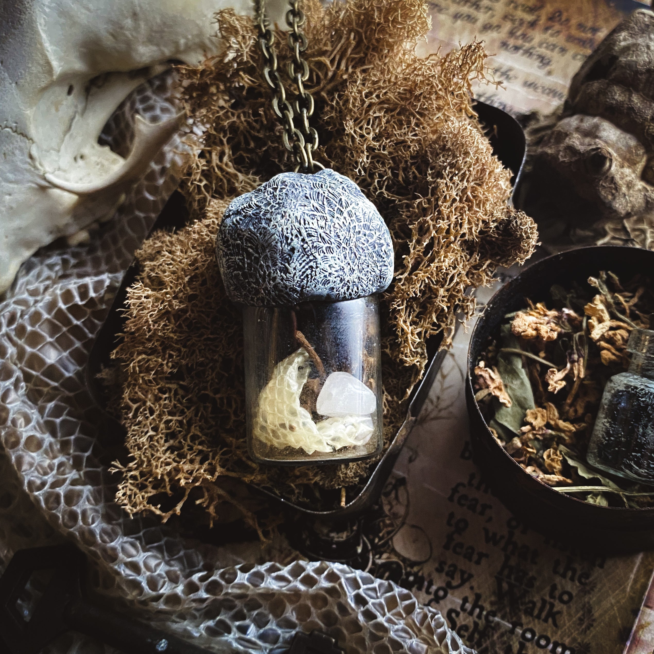 Conjure Necklace with Mandrake Root, Rose Quartz and Snake Skin for Love, Protection + Spiritual Connection