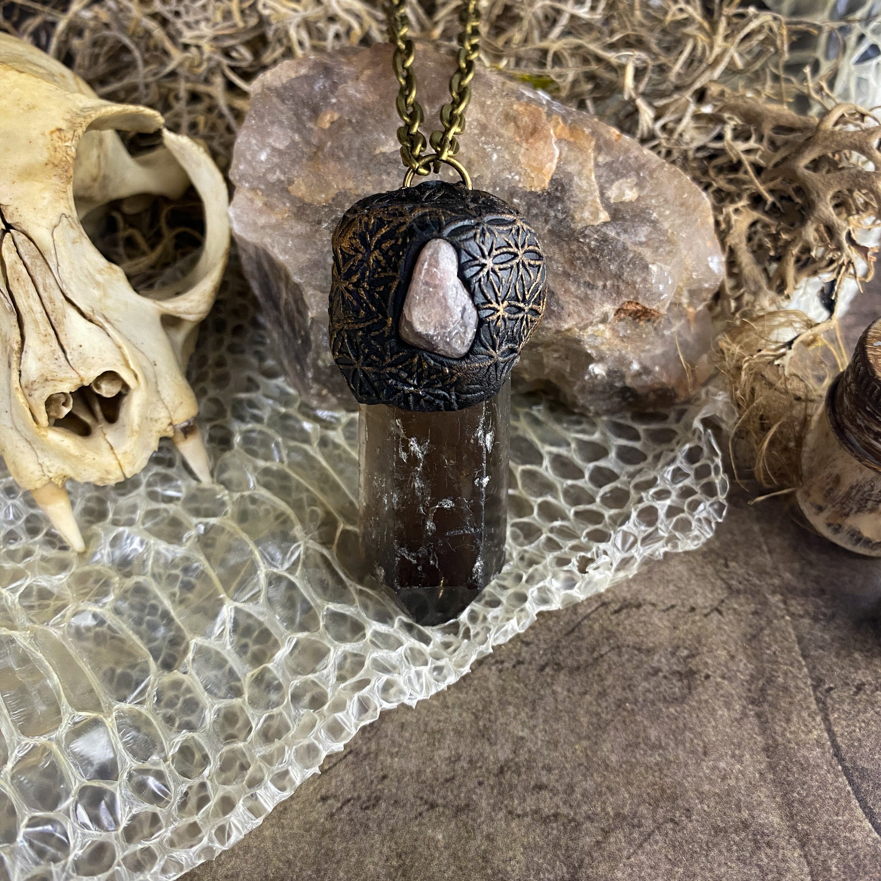 Smoky Quartz + Strawberry Quartz + Clay Talisman Necklace with a Flower of Life Design