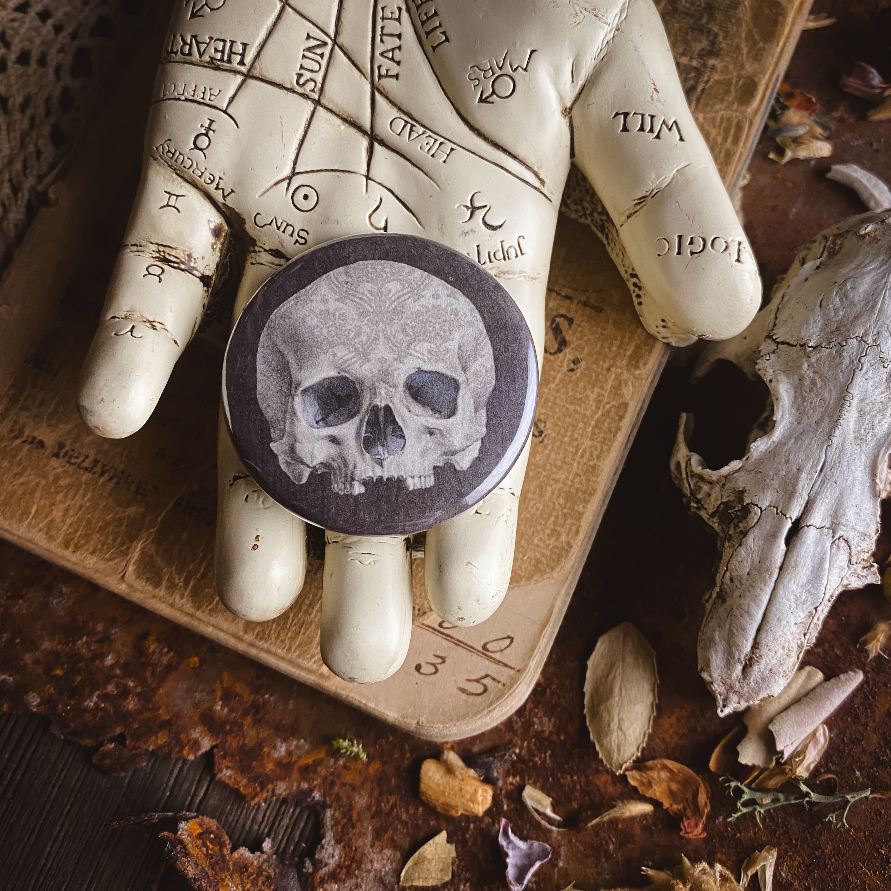 Etched Skull - Hand Pressed Button/Pin - 1.5"