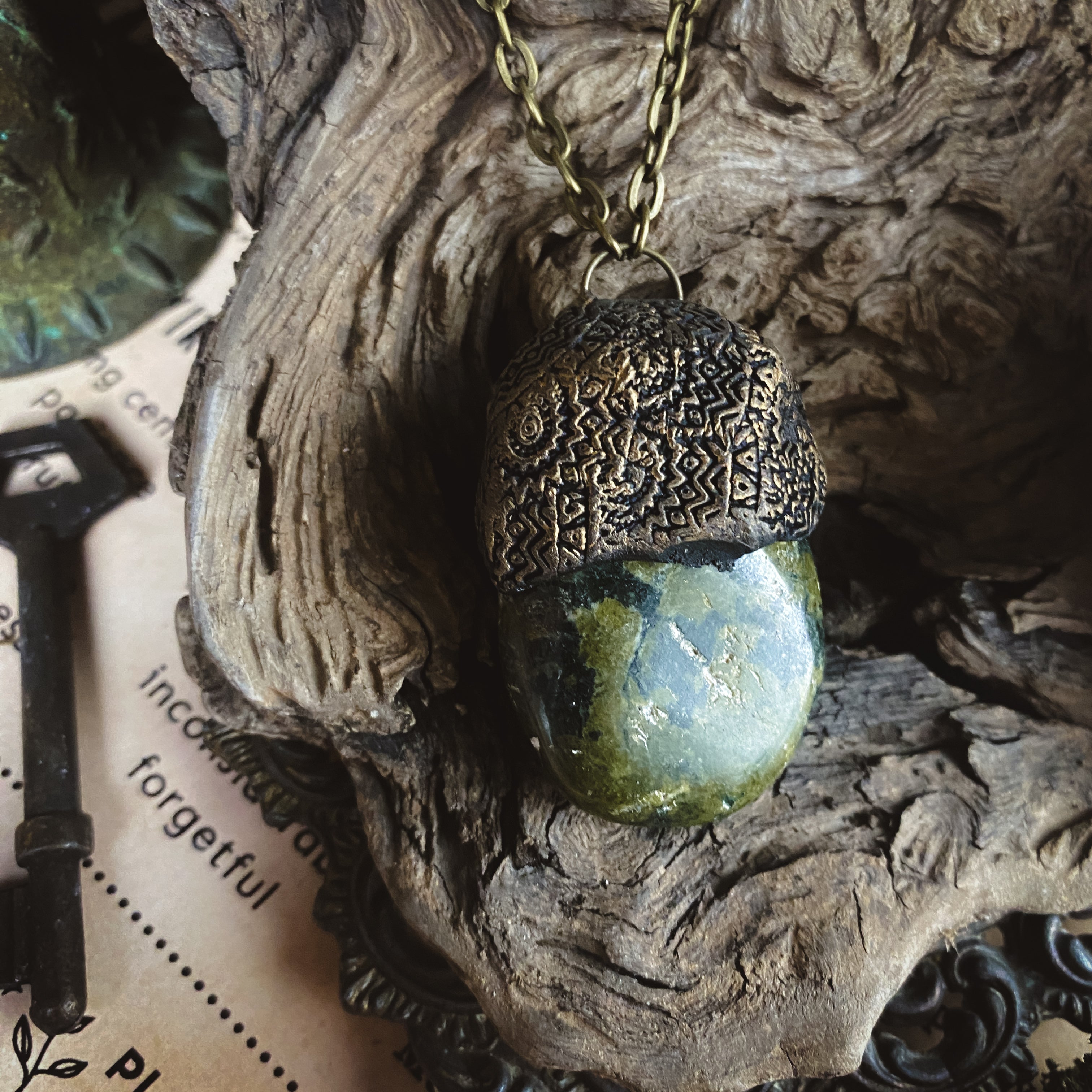 Serpentine + Clay Talisman Necklace with an Organic Pattern