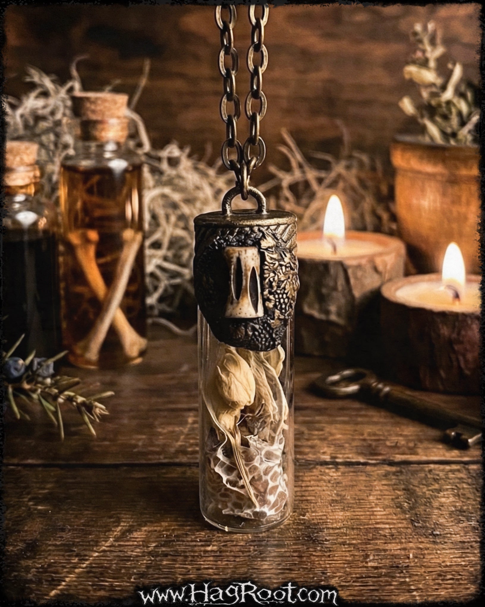 Carved Bone Necklace for Primal Energy + Strength -With Jasmine Flowers + Snake Skin