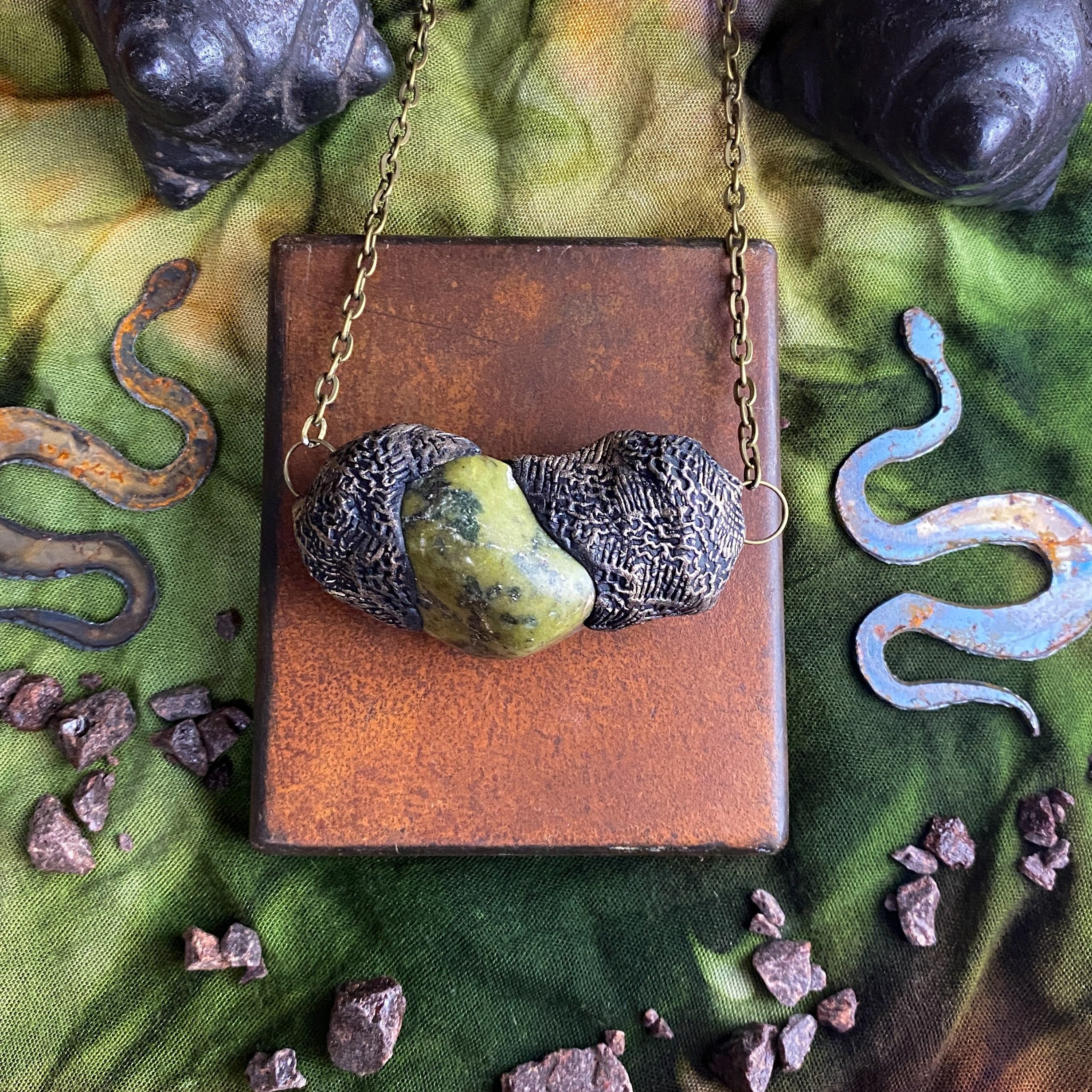 Serpentine + Clay Talisman Necklace with an Organic Pattern